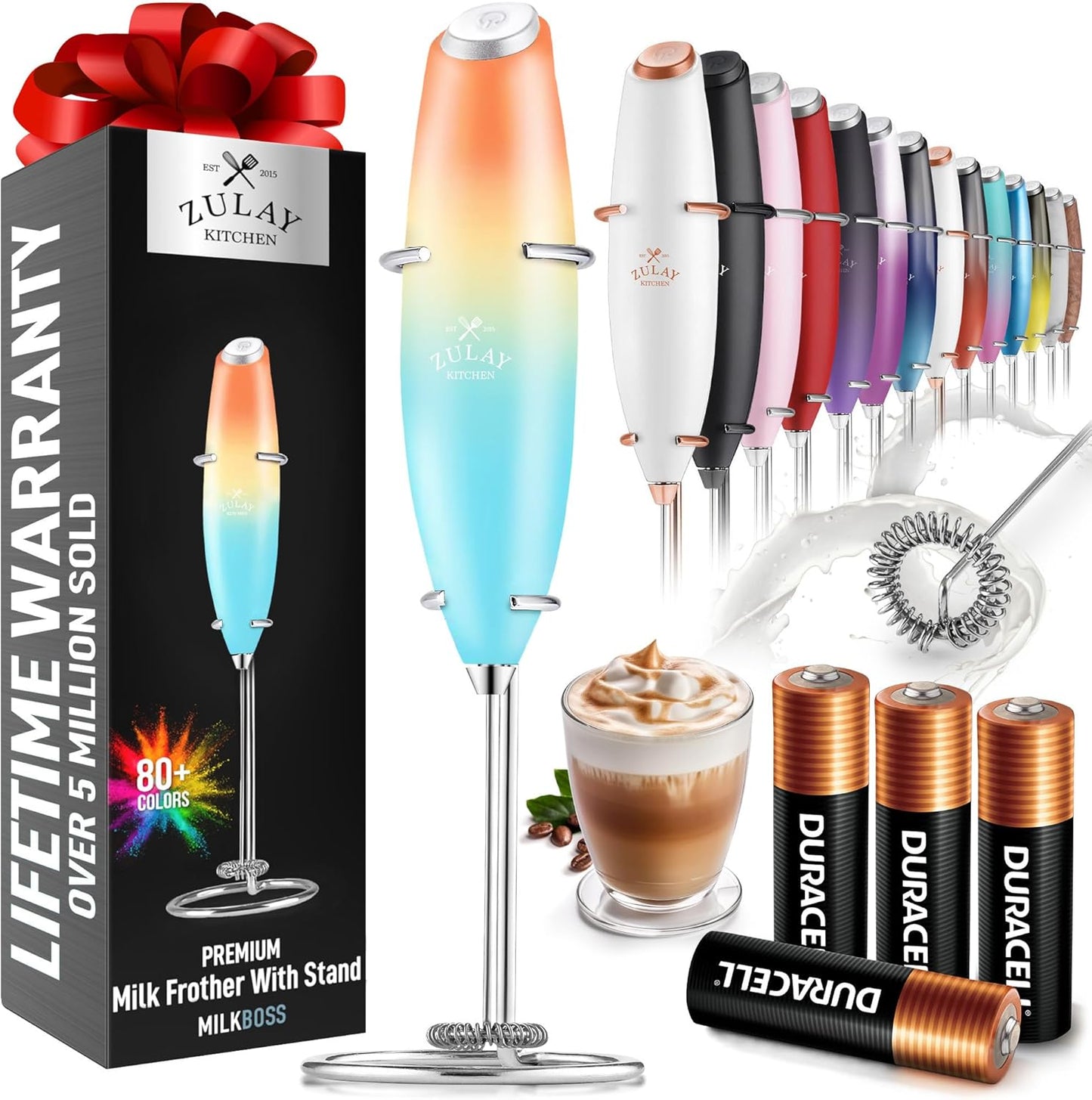 Zulay Kitchen Milk Frother Wand - Ultra Fast Handheld Electric Whisk for Coffee & Lattes - Includes 4 AA Batteries - Sunrise