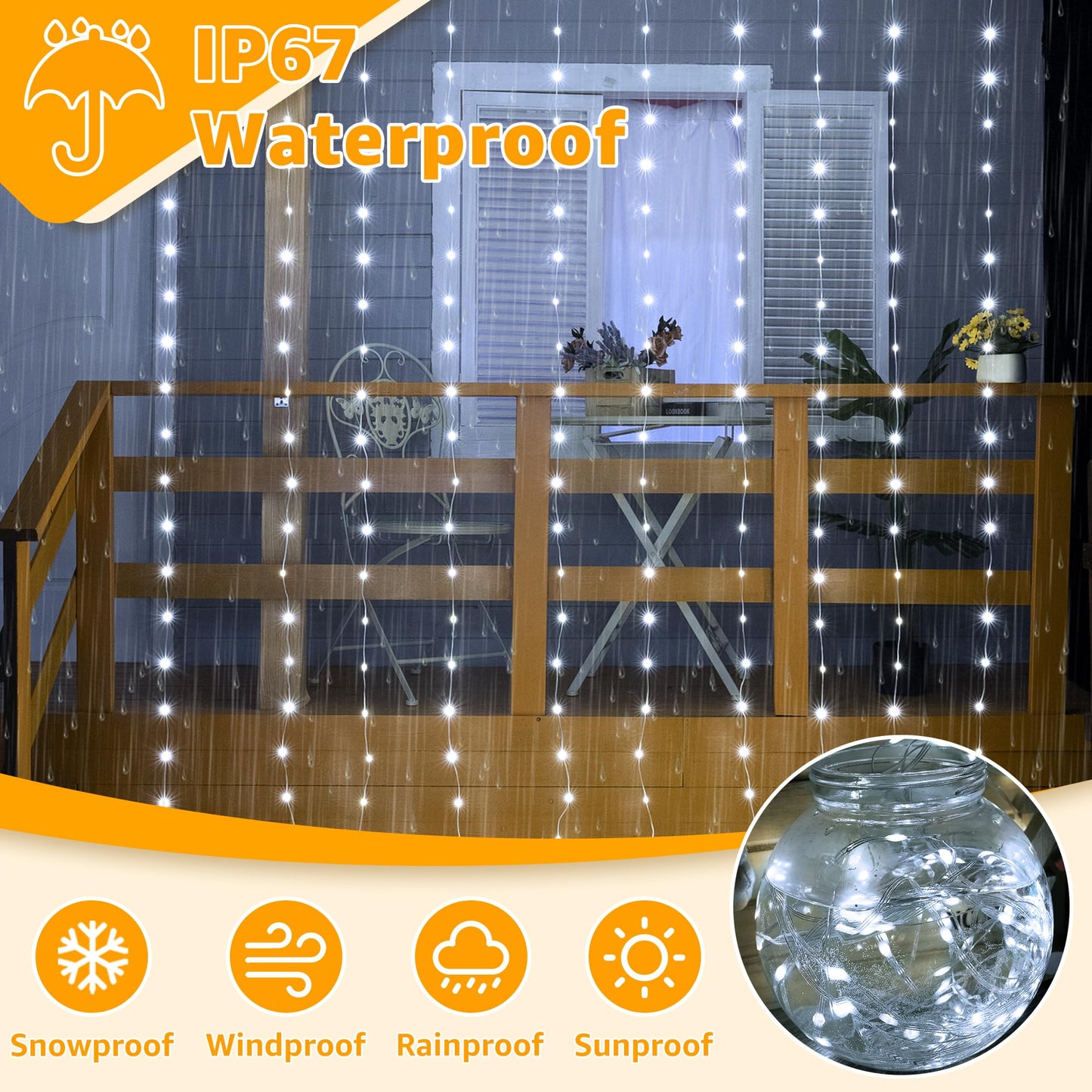 Ollny Curtain Lights 300LED 9.8ftx9.8ft, Connectable IP67 Waterproof Outdoor Curtain String Lights with Remote, Plug-in Untangle Fairy Lights with 8 Modes 3 Timers for Wall Backdrop Decor(Cool White)