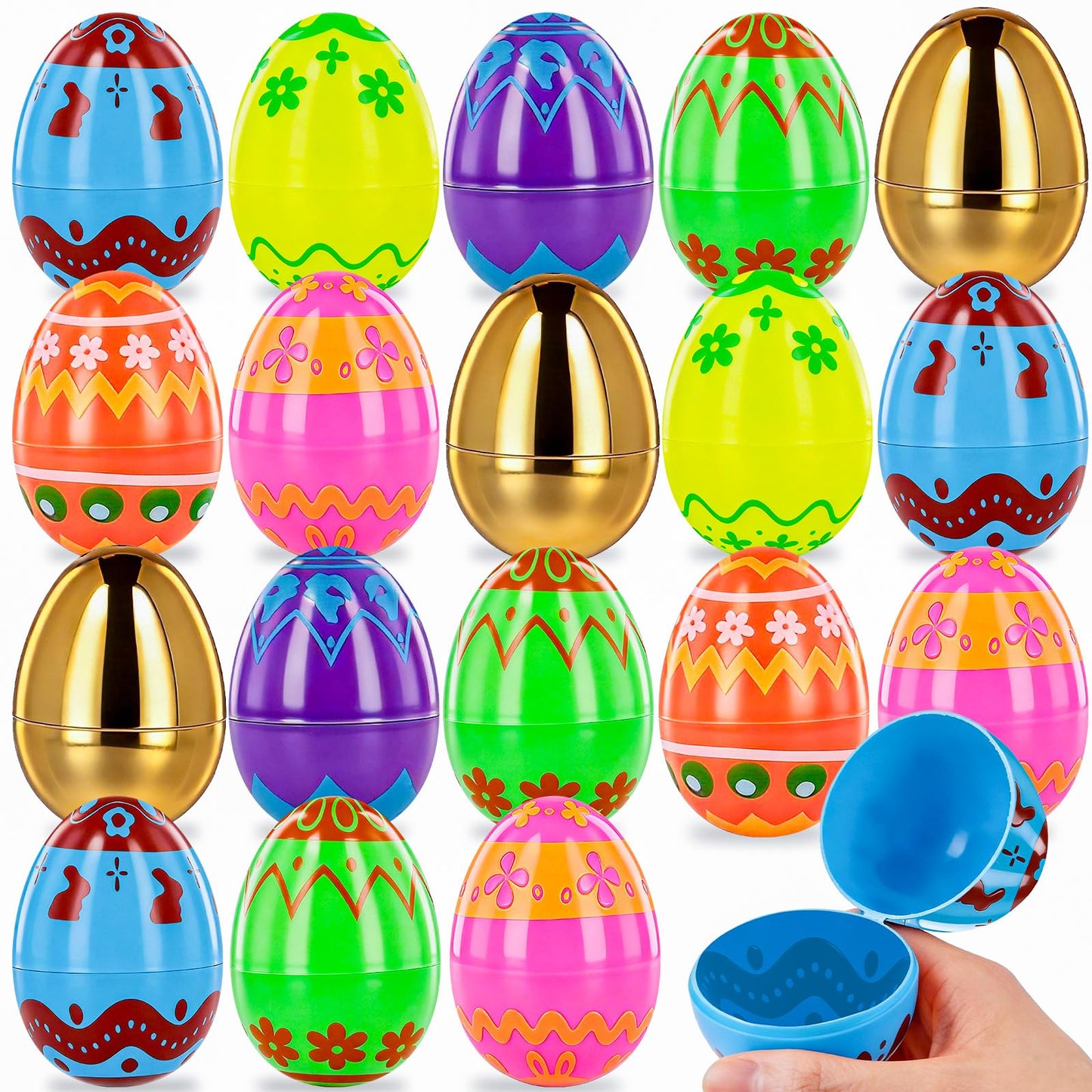 MGparty 50 Pcs Plastic Easter Eggs Empty 2.3 Inch Fillable Easter Eggs Bulk with 2 Golden Eggs, Printed Plastic Eggs for Easter Egg Hunt, Basket Stuffers, Party Favors, Classroom Prizes Decorations