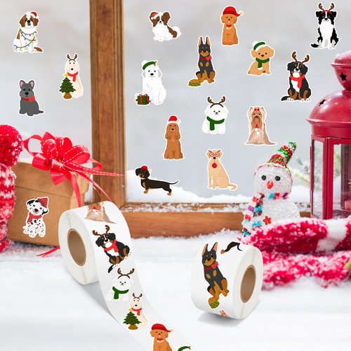 CNhoqc Christmas Dog Sticker Rolls - 1000Pcs Cartoon Dog Stickers in 2 Rolls, 16 Different Cute Puppy Designs, Water-resistant Vinyl Decorations for Christmas Gift Party Supplies Laptop Journal Reward