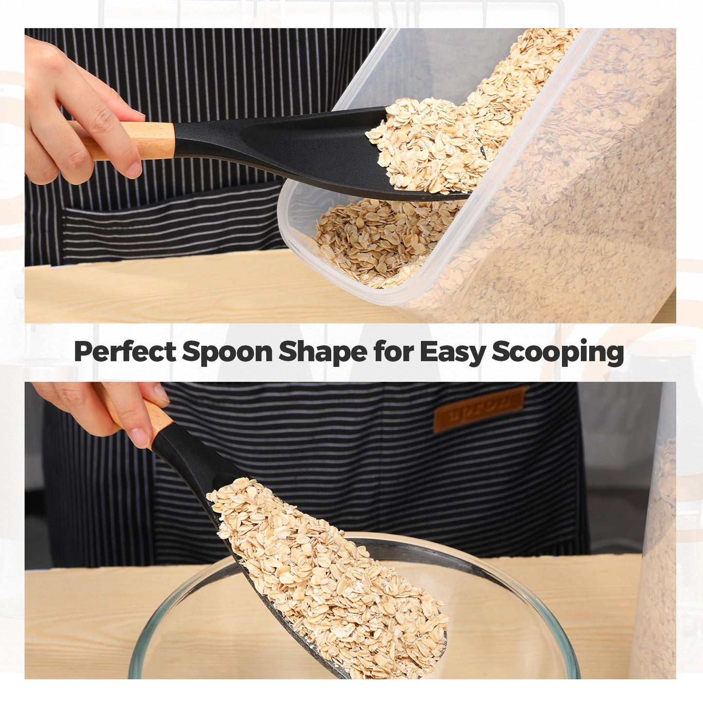 Reallnaive 4 Pcs Silicone Cooking Spoons for Nonstick Cookware 12 Inch Multifunction Spatula Spoon with Wood Handle for Cooking, Serving, Mixing, Scoop, and Scrape(Black)