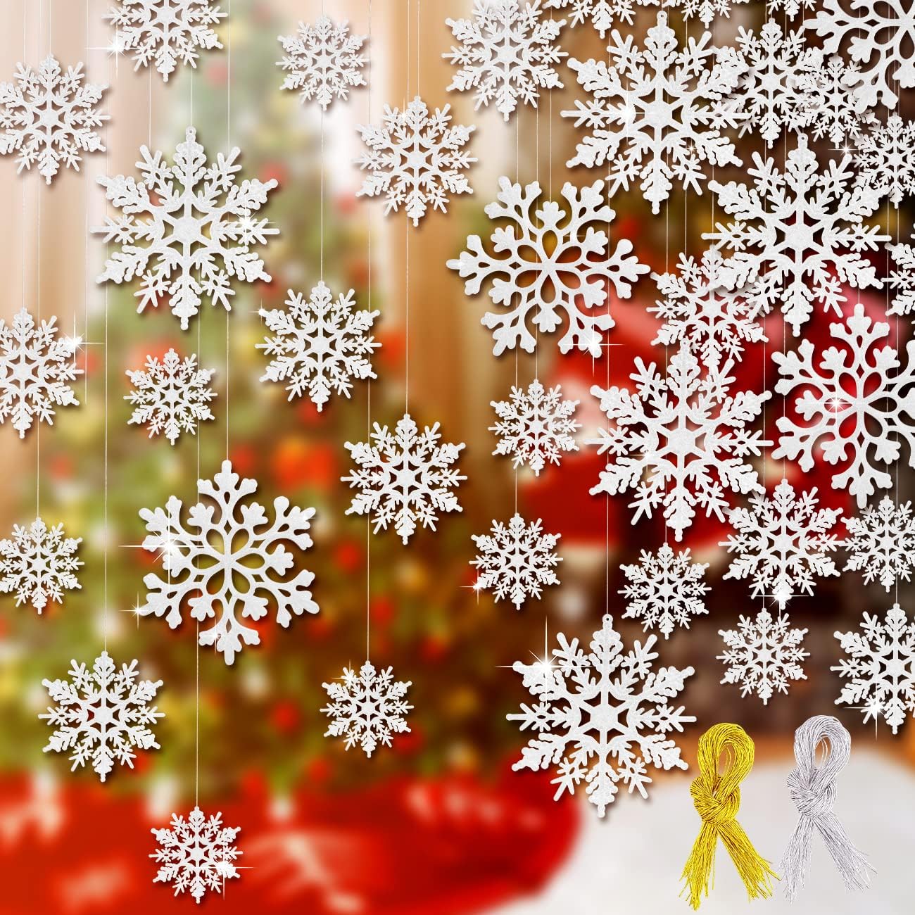 Skiennix 46Pcs Plastic Snowflake Ornaments - Glittery Hanging Decorations for Christmas Trees | White