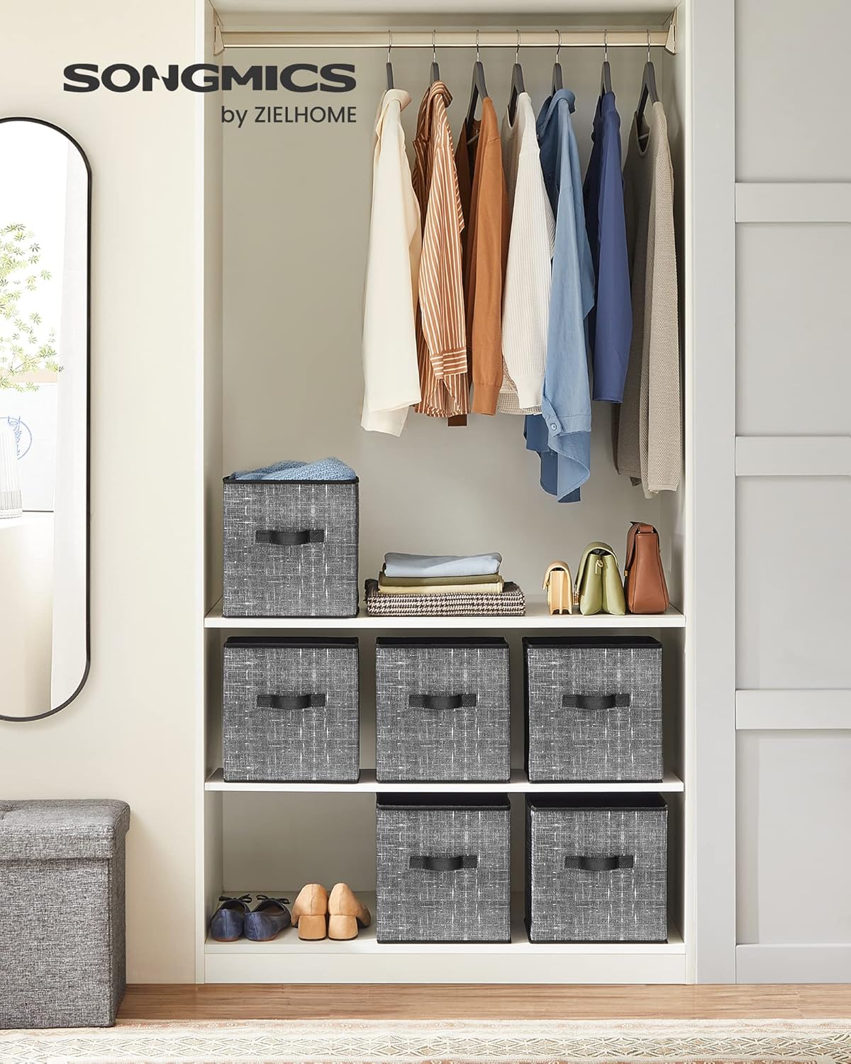 SONGMICS Storage Cubes - 11-Inch Non-Woven Fabric Bins with Double Handles - Set of 6, Classic Black Closet Organizers
