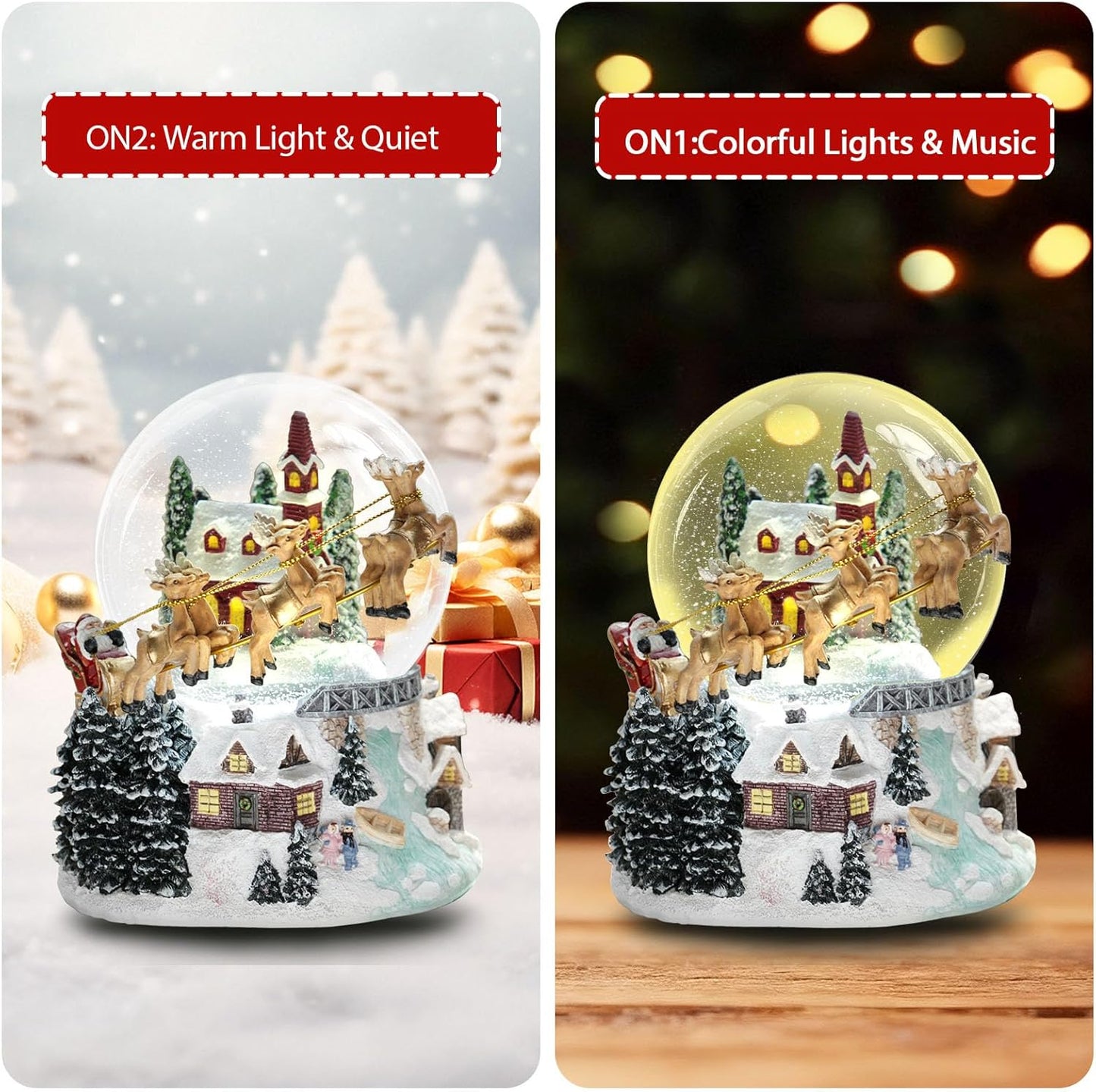 Skiennix 7'' Christmas Snow Globe - Light-Up Musical Decoration with Santa Sleigh & Reindeer