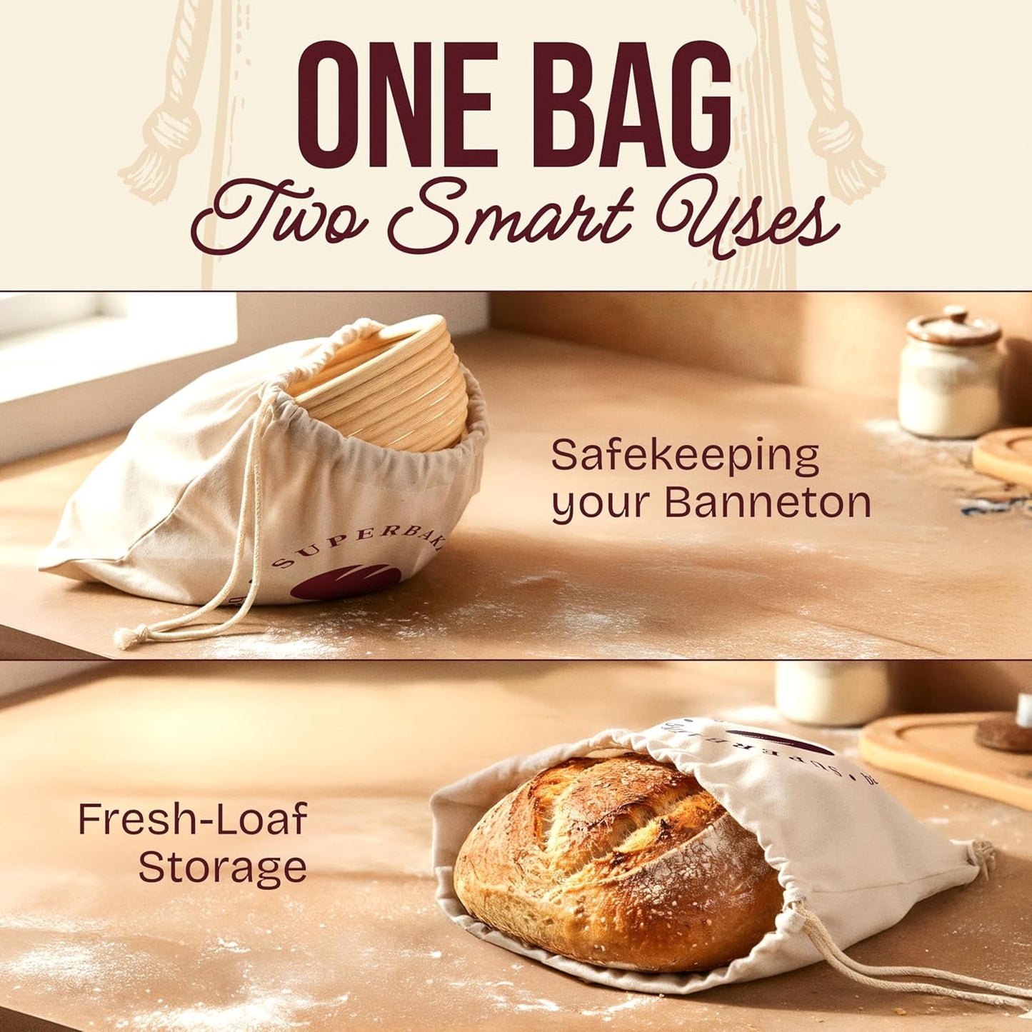 Superbaking Banneton Bread Proofing Basket Set - 9" Round Rattan with Liners for Perfect Sourdough Baking
