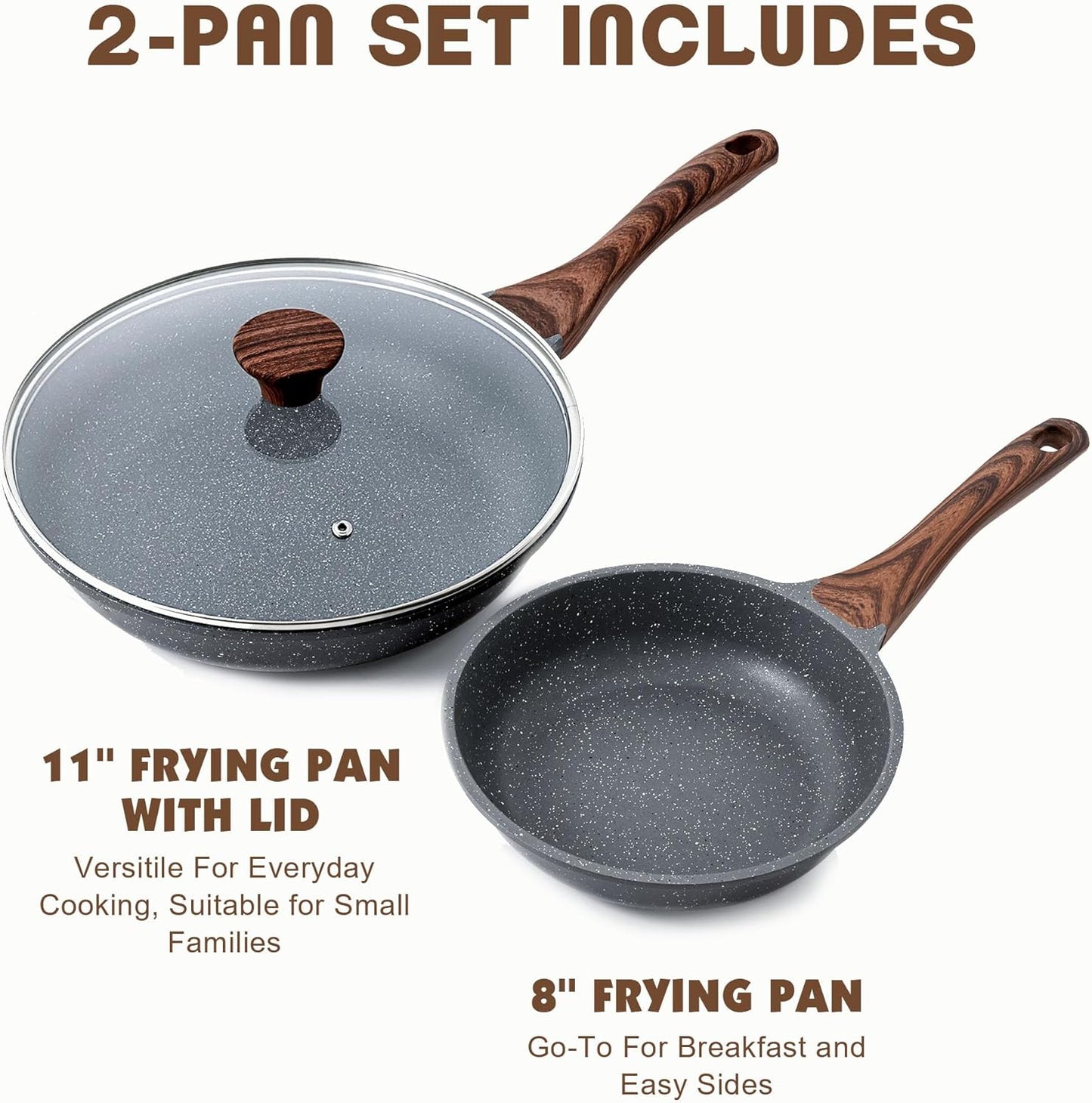 SENSARTE Nonstick Frying Pan Set - Swiss Granite Coating Omelette Pans | Healthy Cookware (8 & 11 Inch with Lid)