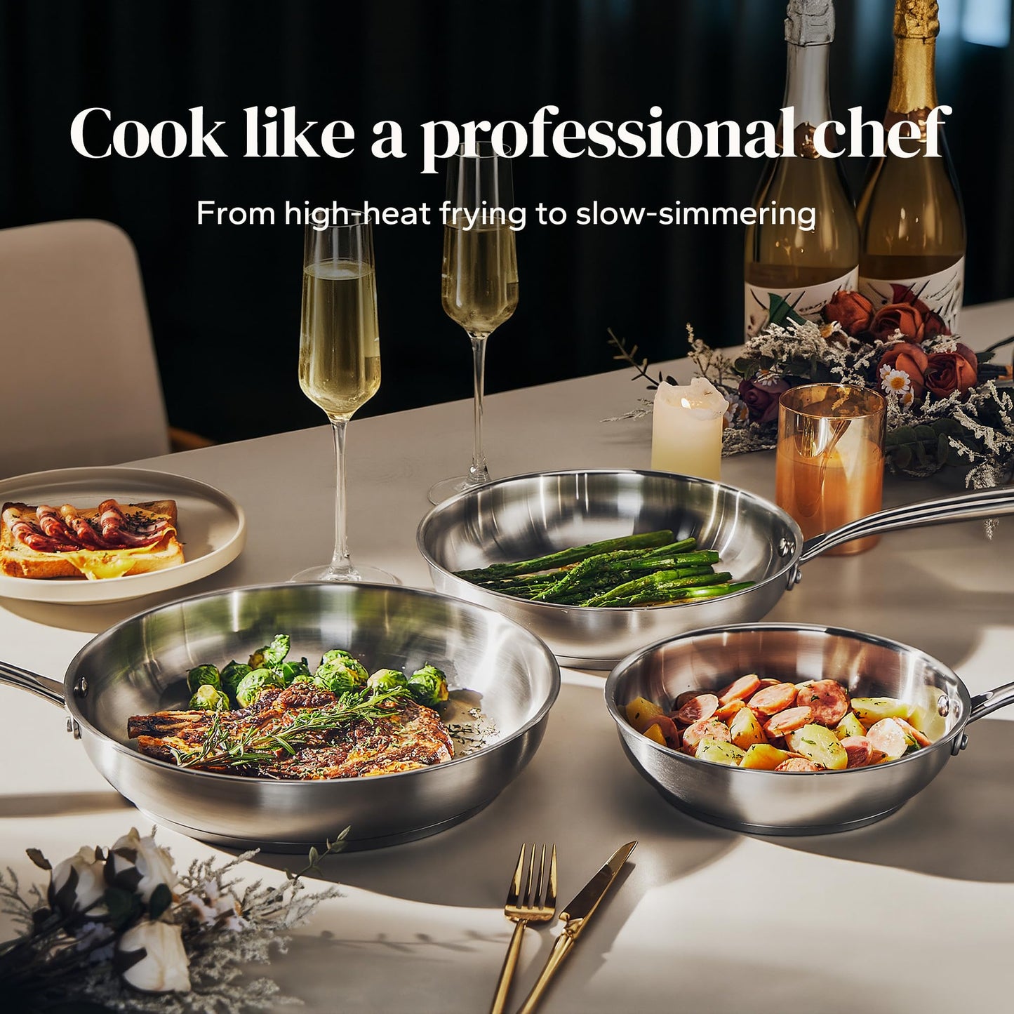 Redchef Stainless Steel Frying Pan Set, Induction Kitchen Cookware Set, Non-Toxic Uncoated Skillets for Searing & Cooking, Oven Safe Stainless Steel Cookware Set, 3-Piece (8", 9.5", 11")