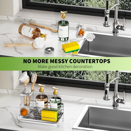 Cisily Stainless Steel Kitchen Sink Caddy Organizer, Sponge Holder for Sink Rustproof, Non-Slip Soap Dish Dispenser Brush Holder Storage, Home & Kitchen Essentials Accessories