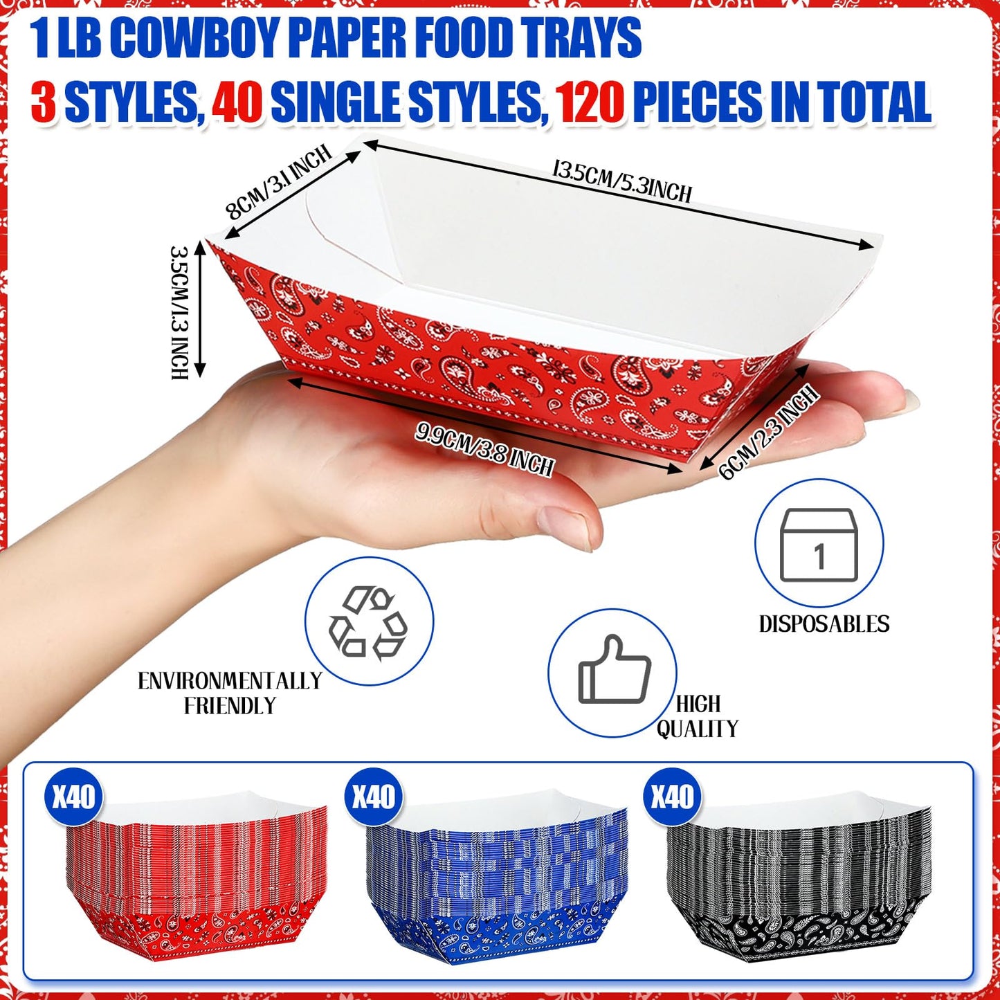 Gejoy 120 Pcs Western Party Plates 1 lb Cowboy Plates Bulk Bandana Paper Food Trays for Rodeo Cholo Party 250th Anniversary Decorations(Red Blue Black)