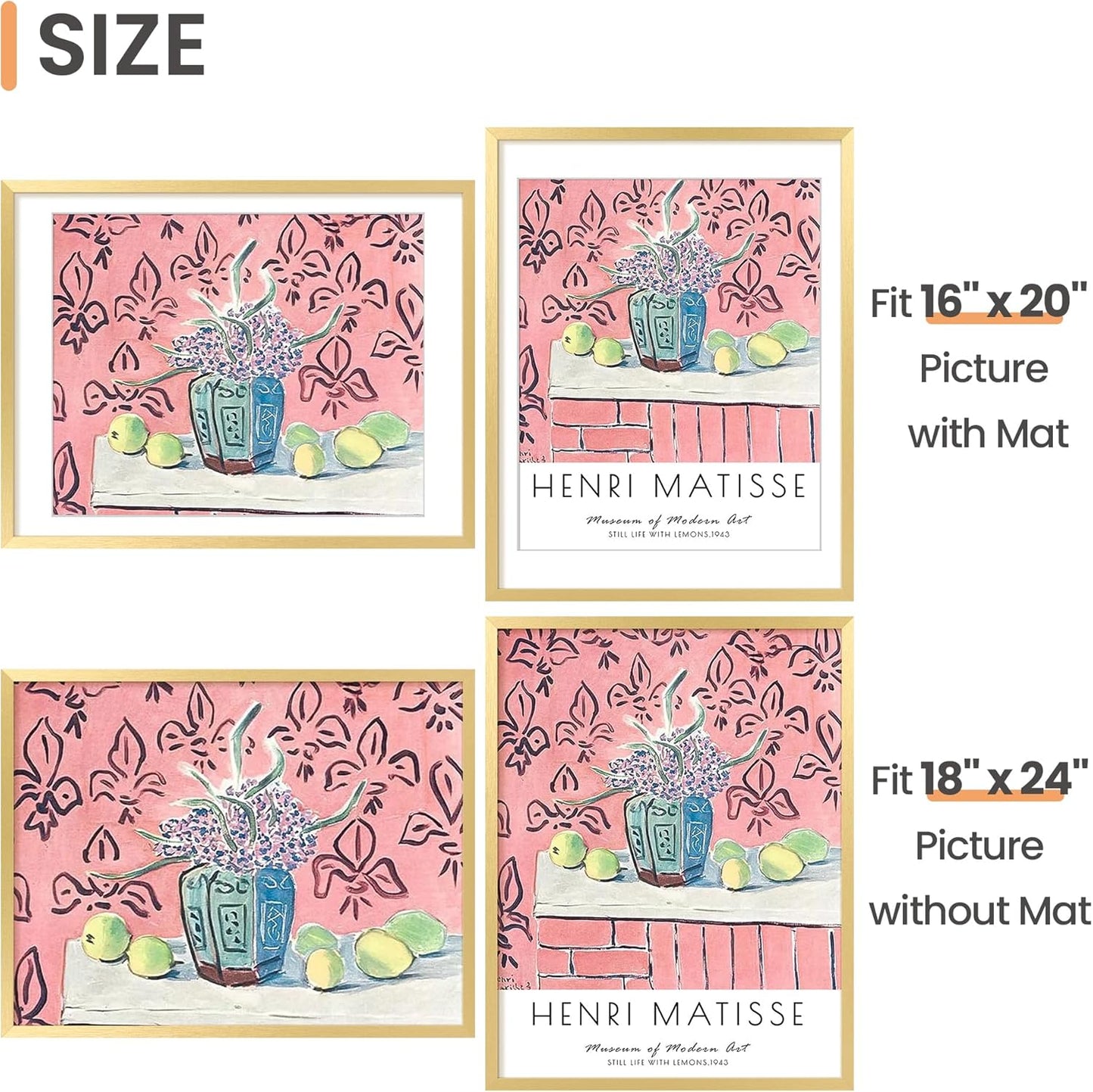 Upsimples 18x24 Picture Frame - Elegant Gold Wall Hanging Frame for 16x20 Photos with Mat