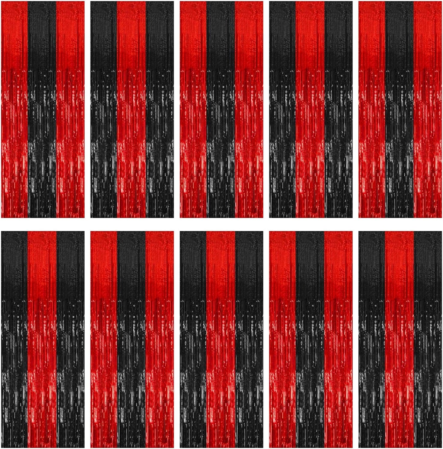 Party Backdrop Streamers - 10 Pack Black & Red Foil Fringe Curtains for Birthday & Holiday Decor