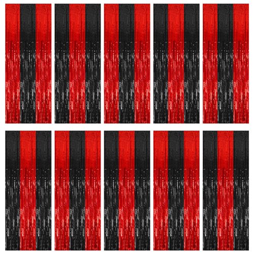 10 Pack Black and Red Party Backdrop Streamers Decorations Foil Fringe Curtains Metallic Tinsel Backdrop for Birthday Halloween Christmas New Year Fancy Ball Graduation Party Decor