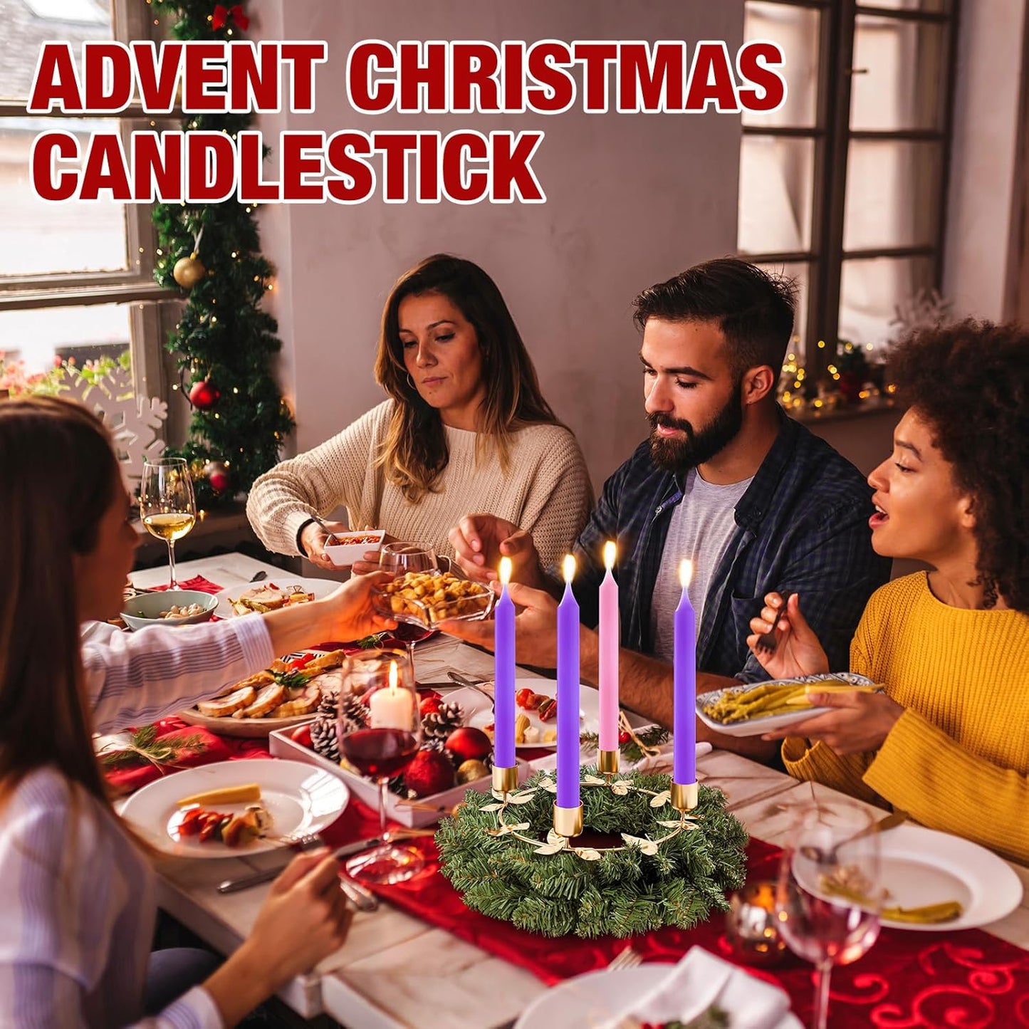 Norfolk Pine | 2 Pcs Christmas Advent Wreath Candle Holder Set - Gold Ring Design for Festive Table Centerpiece
