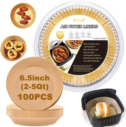 Ailun Air Fryer Paper Liners - 100PCS Non-Stick Parchment Paper | 6.5 Inch, Oil Resistant & Disposable