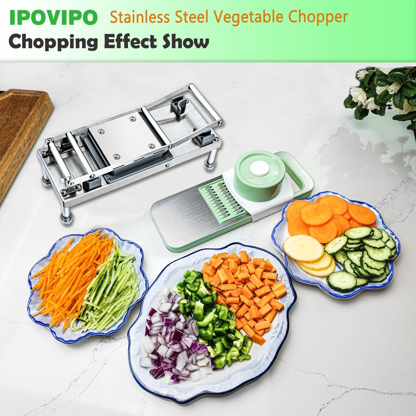 Skiennix Stainless Steel Vegetable Chopper - 8-Blade Onion Dicer with Container & Grater Mandoline Slicer