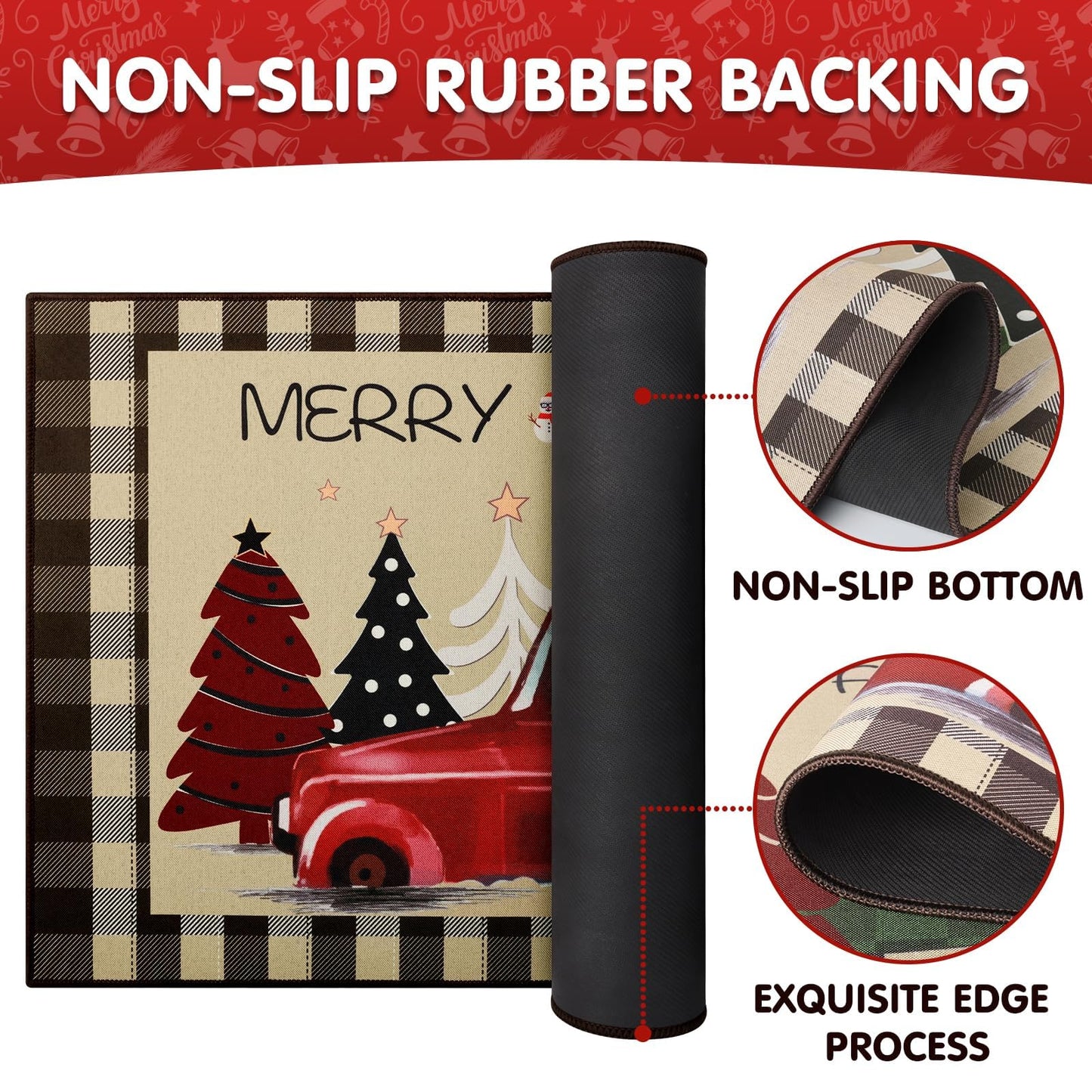 StepRite Kitchen Mats for Floor, 2 PCS Christmas Kitchen Rugs, Non-Slip Bottom with Christmas Tree Print, Low-Profile Mat for Home, Office, Sink, Kitchen,Hallway,Holiday Decor(17”x30”+17”x47”-Brown)