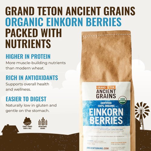 Grand Teton Ancient Grains - 100% Organic Einkorn Berries, Premium Food-Grade Farro Piccolo, For Milling into Flour, Baking, Pilafs, & Soups, 5 lbs