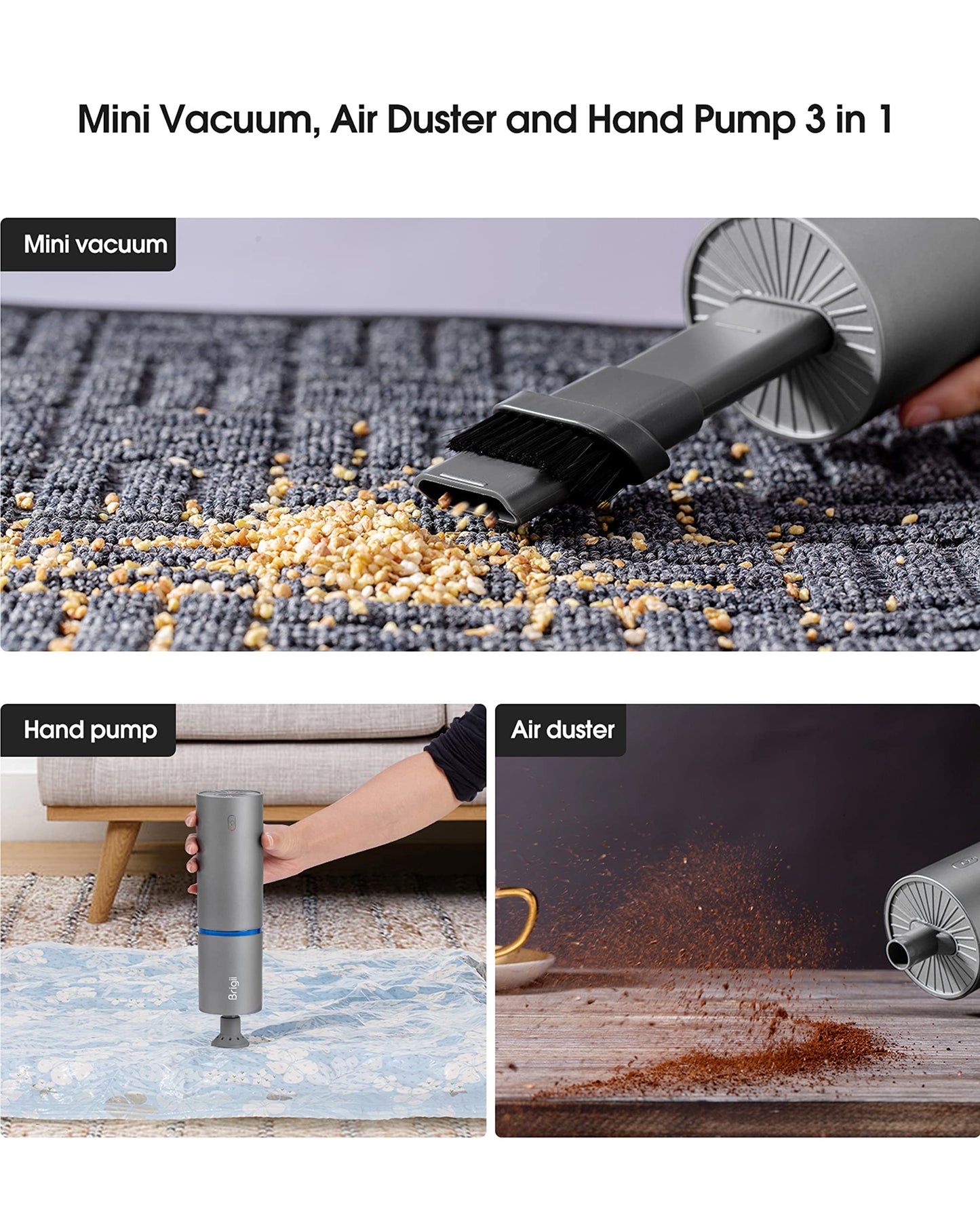 Brigii Mini Handheld Vacuum Cordless, 3 in 1-Car Vacuum & Air Duster & Hand Pump, Portable Rechargeable Cleaner for Car Interior, Small Spaces, Crevices-Y120 Pro