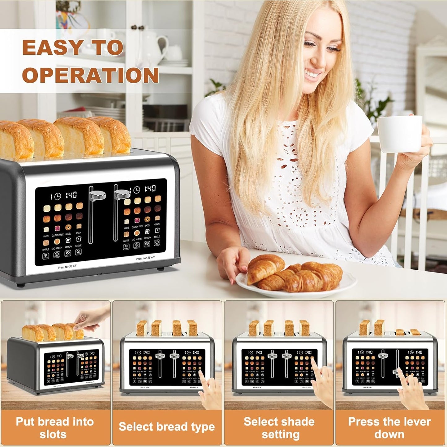 Skiennix 4-Slice Toaster - Touch Screen Control, 8 Shade Settings, Dual Panel, 1650W - Grey Finish