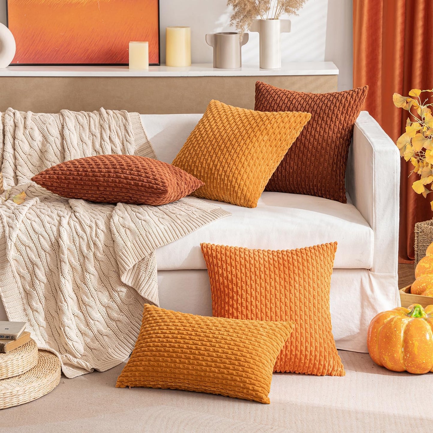 MIULEE Throw Pillow Covers - Soft Corduroy Boho Striped Decorative Set of 2 | Rust 18x18 Inch for Couch & Sofa
