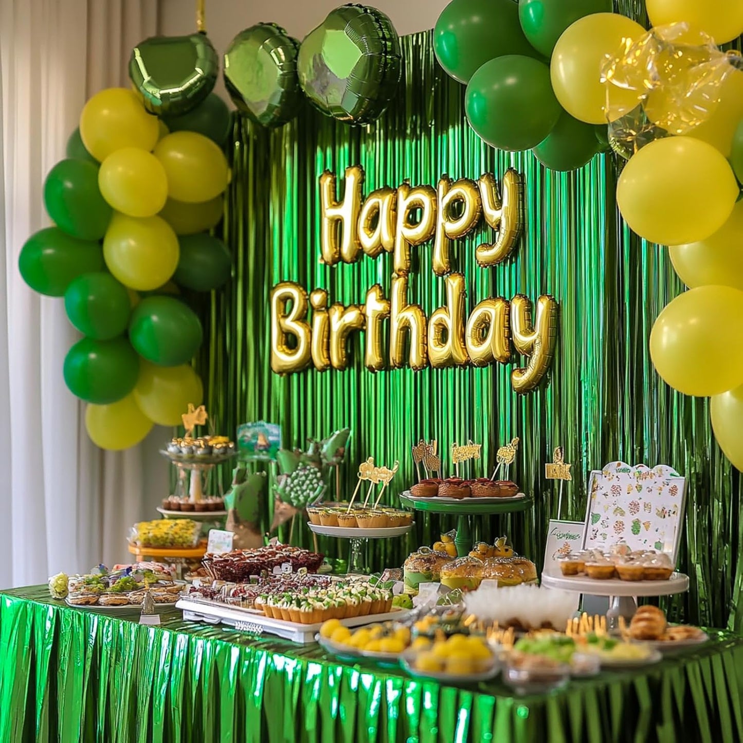 PartyWoo Green Streamers - 3 Pcs Tinsel Foil Fringe Curtains | 8.2 FT Photo Backdrop for Celebrations