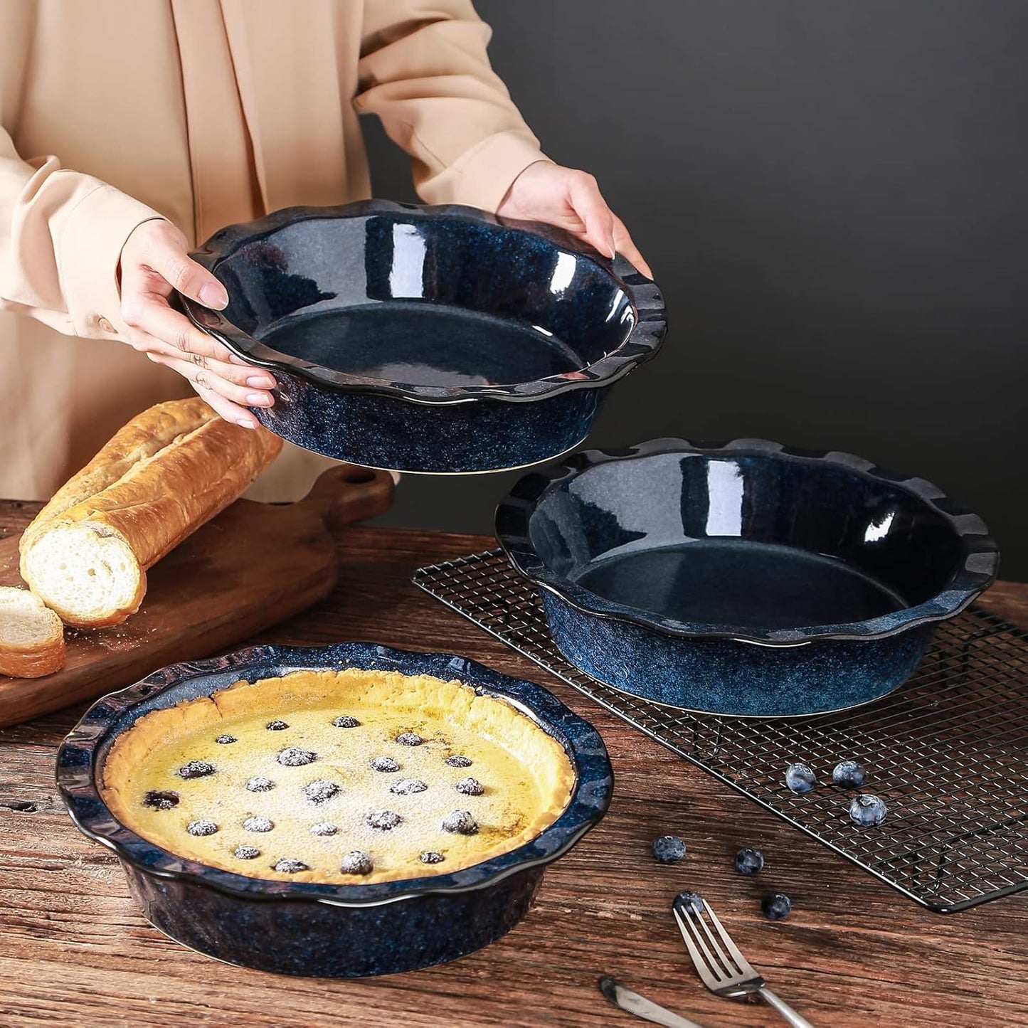 Vicrays Ceramic Pie Pan - 9-Inch Round Fluted Deep Dish for Baking Tart, Pizza, Quiche | Starry Blue Reactive Glaze