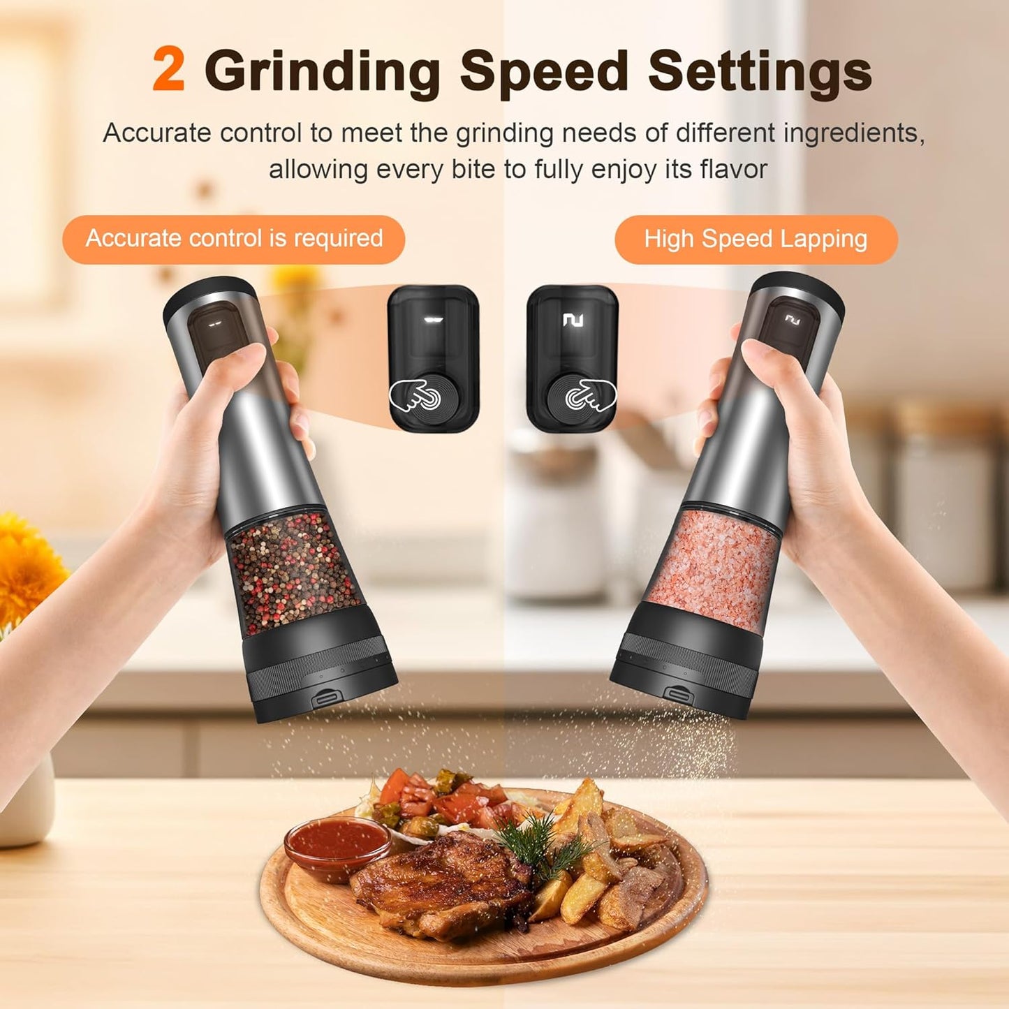Skiennix Electric Salt and Pepper Grinder Set - Rechargeable Stainless Steel Mill with 2-Speed Settings & LED Light | 100ml Capacity