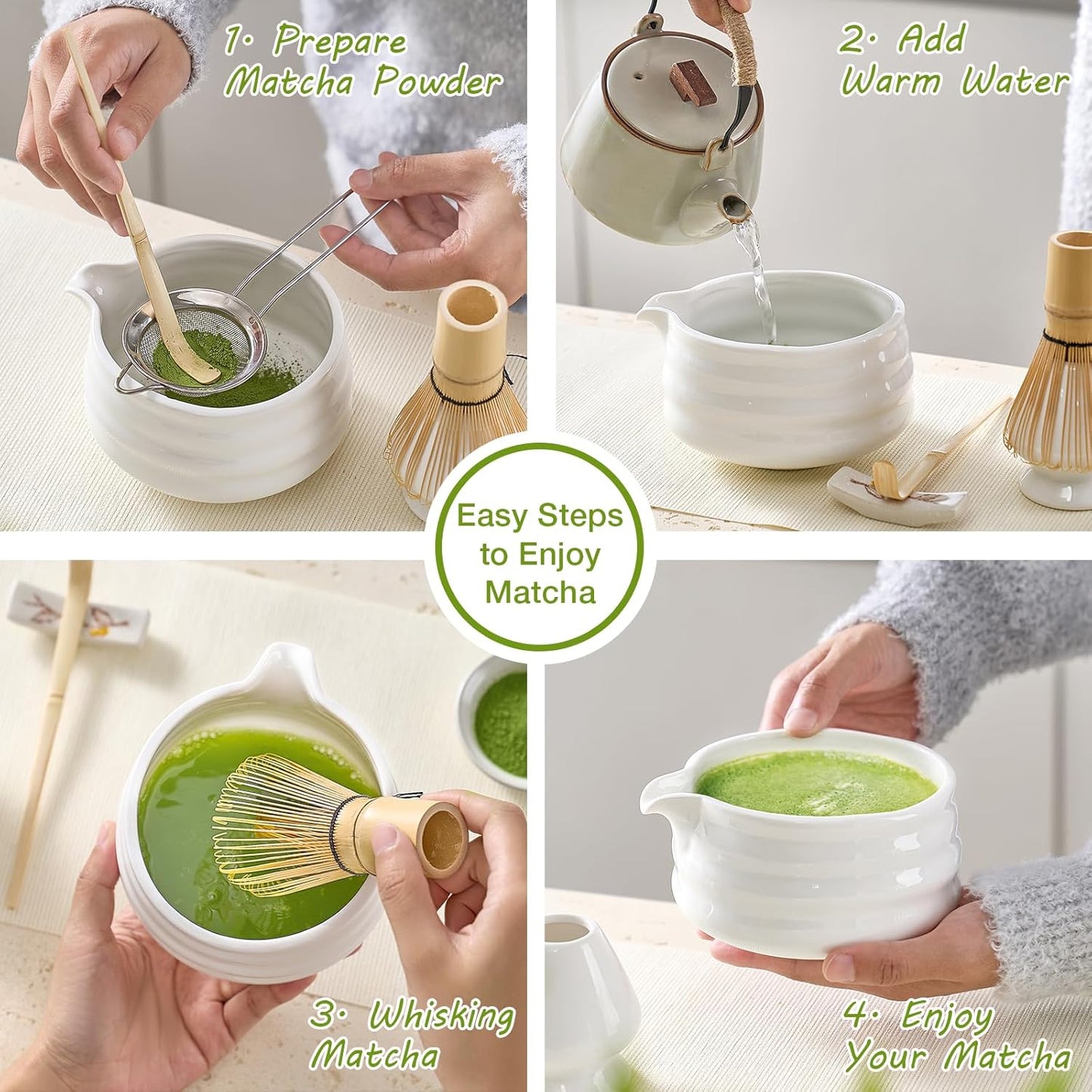 Matcha Whisk Set - Japanese Tea Set (5pcs) with Bowl, Bamboo Whisk, Scoop & Sifter