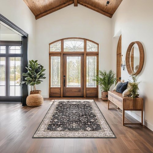 Black Modern Farmhouse Area Rug | 5x8 Boho Living Room Carpet - Washable, Non-Slip & Stain Resistant