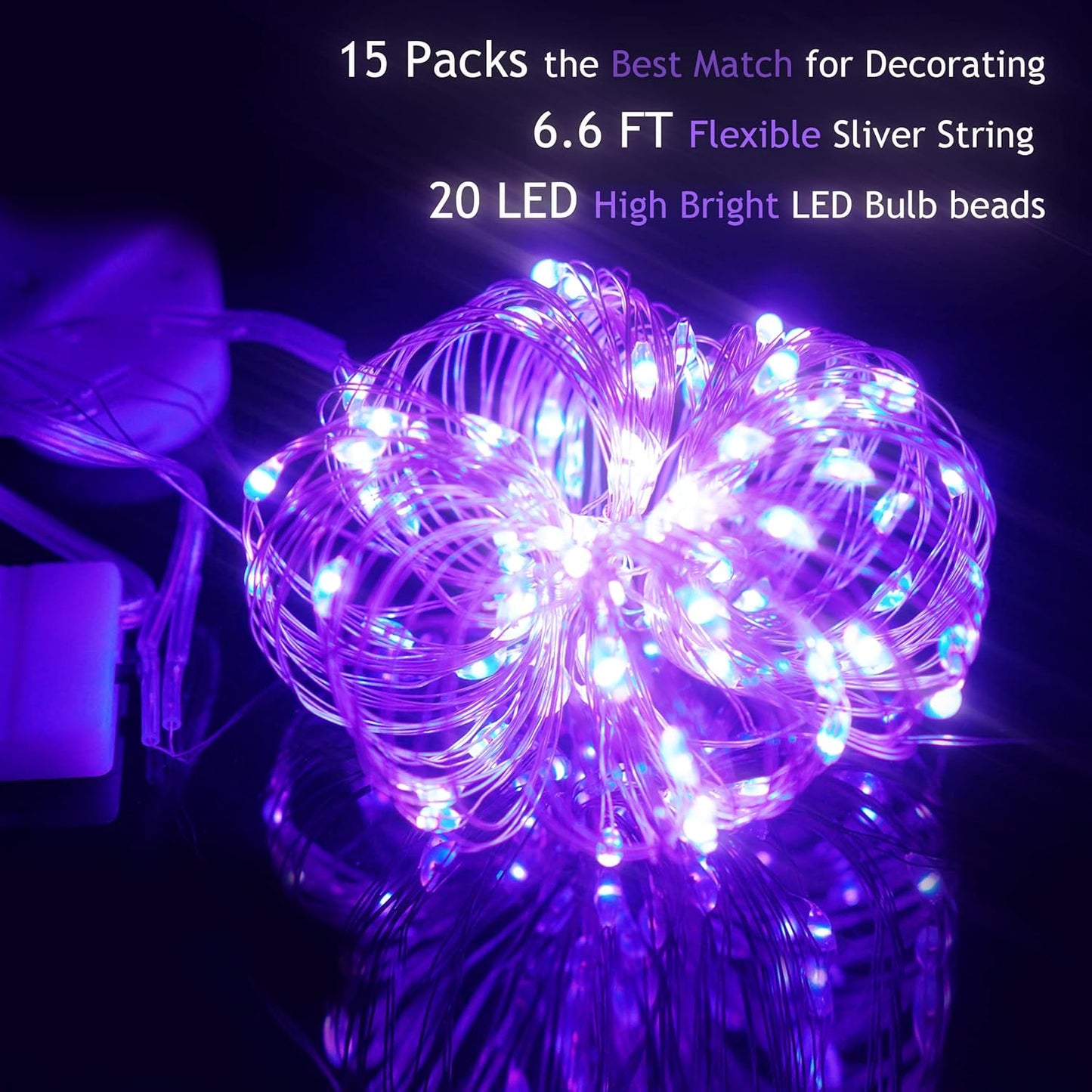 SmilingTown 20 LED Purple Fairy Lights - Battery Operated 6.6ft Waterproof String Lights for DIY Decor