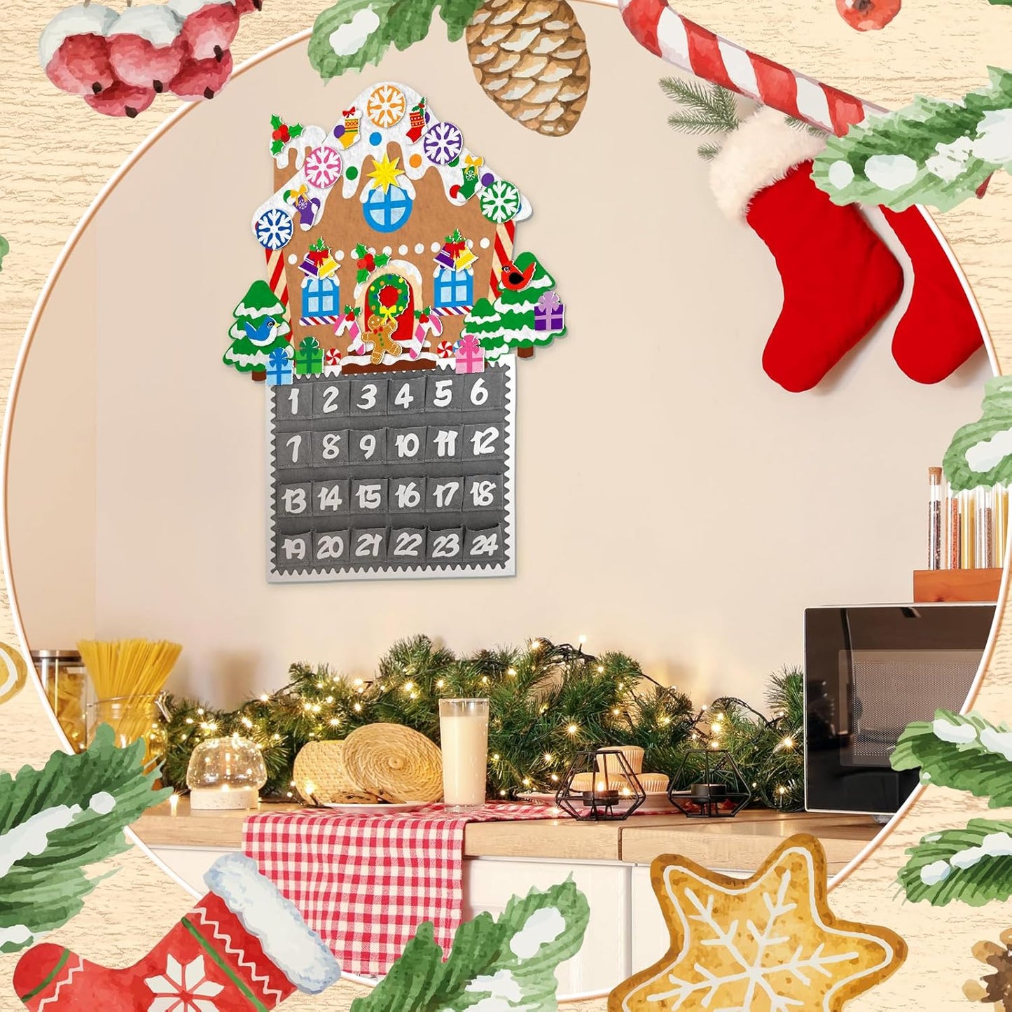 Watersay Christmas Gingerbread House Advent Calendar - 2ft Felt Ornaments with 24 Pockets for Kids