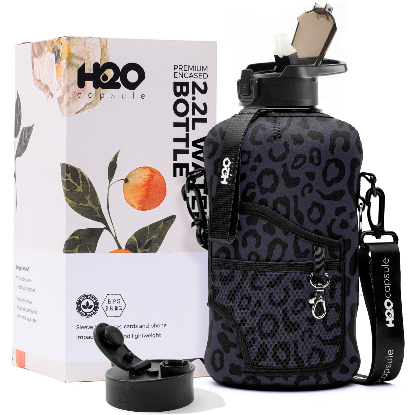 H2O Capsule 2.2L Half Gallon Water Bottle with Storage Sleeve and Removable Straw – BPA Free Large Reusable Drink Container with Handle - Big Sports Jug, 2.2 Liter (74 Ounce), Cowbell