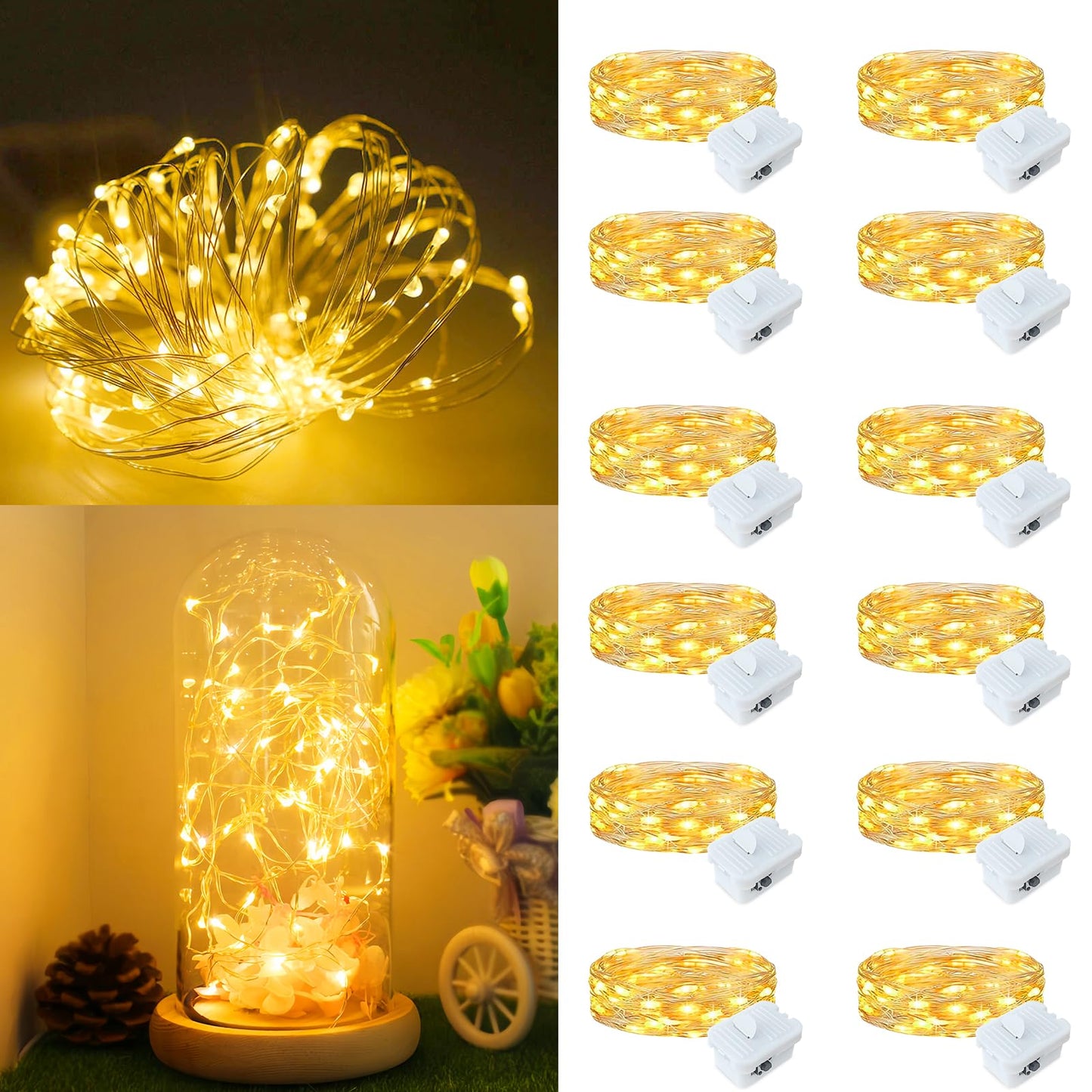 12Pack Fairy Lights Battery Operated, 7ft 20 LED 3 Modes Speed Twinkle Mini String Lights Waterproof Silver Wire Firefly Starry Lights for Mason Jars Wedding Party Christmas Decorations