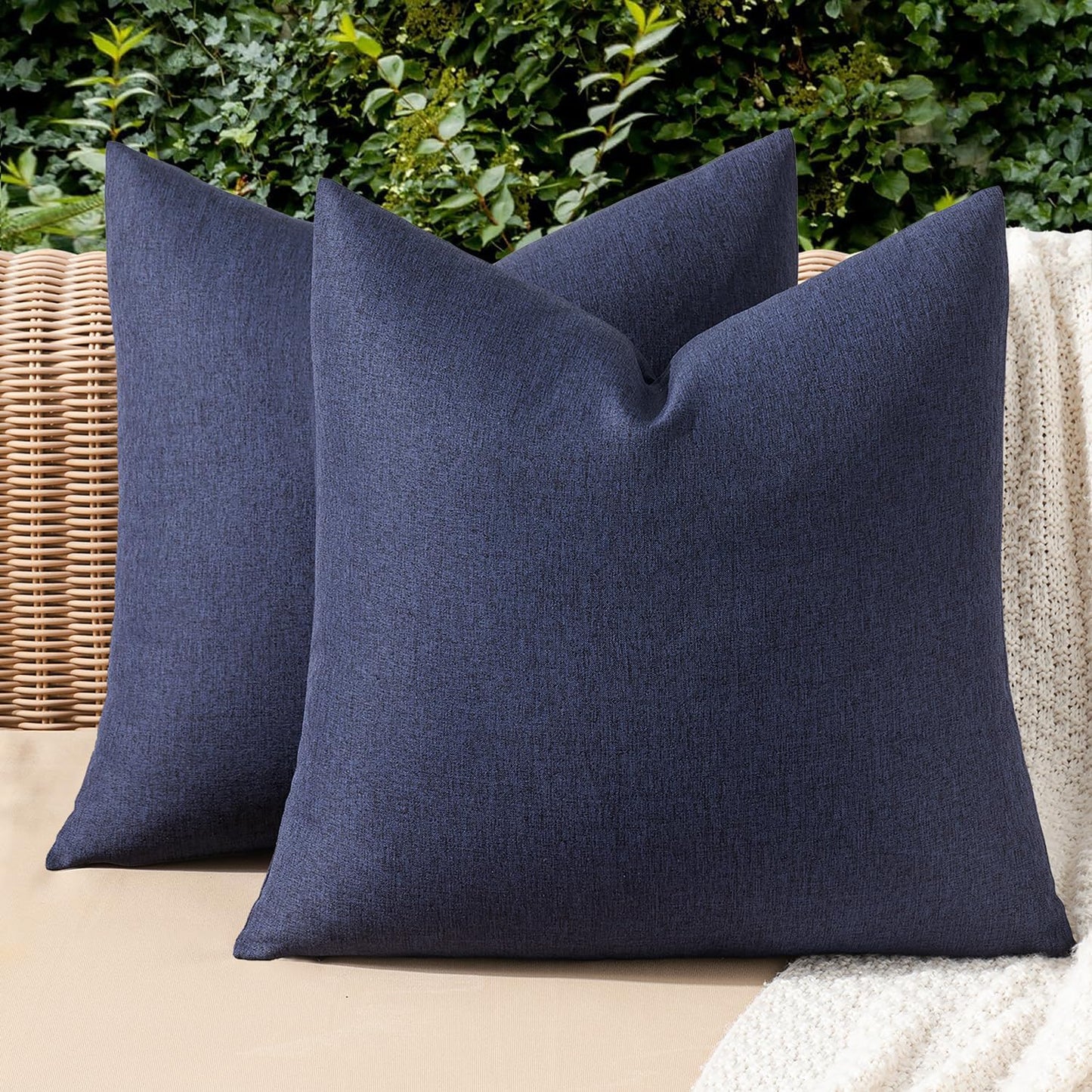 MIULEE Decorative Outdoor Throw Pillow Covers - Waterproof Faux Linen Cushion Cases | 22x22 Inch Navy, Set of 2