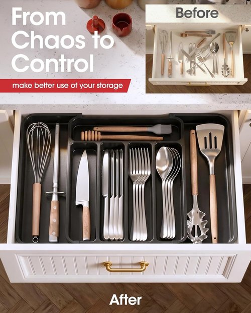 Aujen Silverware Organizer - Expandable Utensil Tray with Adjustable Sections | Black, Medium Size