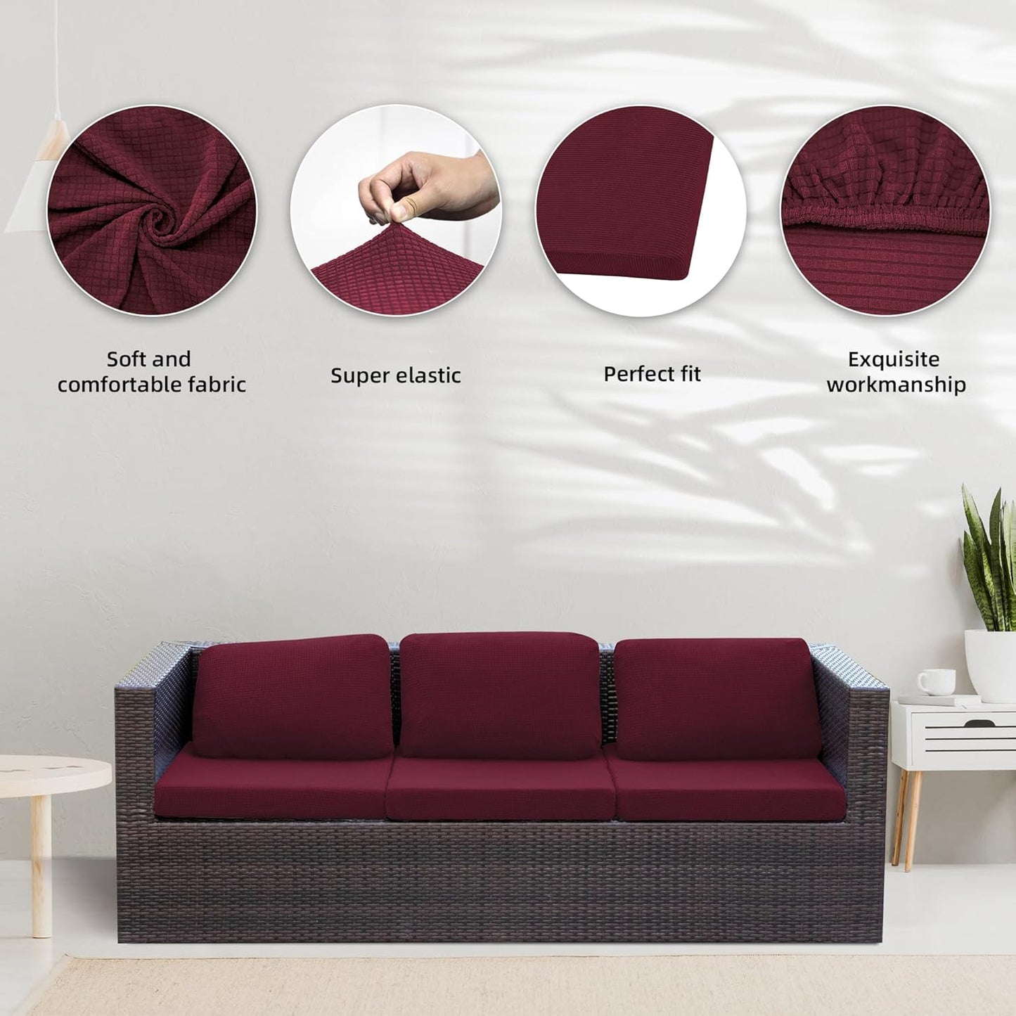 Skiennix 8Pcs Stretch Patio Cushion Covers - Washable Outdoor Sofa Slipcovers in Wine Red