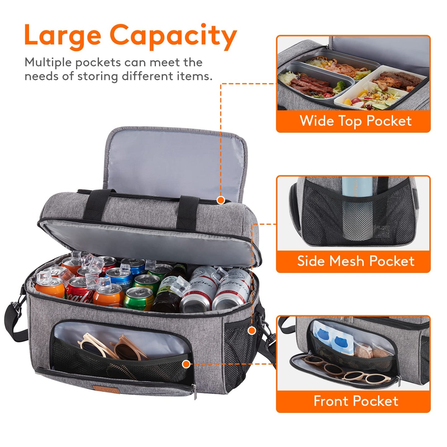 Lifewit Insulated Cooler Bag, 32 Can Large Leakproof Beach Cooler, Lightweight Portable Double Layer Soft-Sided Travel Ice Chest for Camping, Kayaking, Road Trips, Grocery Shopping, Gray