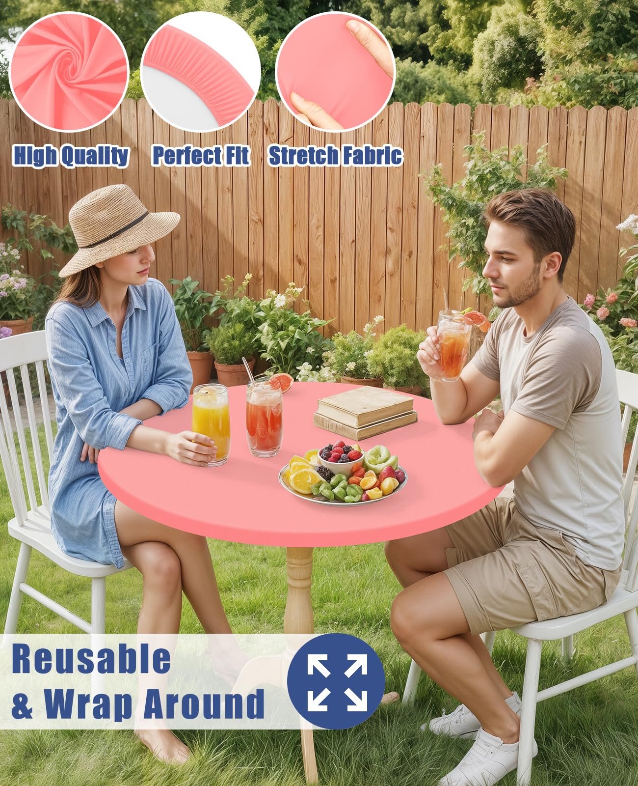 Moosfor Round Spandex Tablecloth, Elastic Fitted Waterproof Tablecloths for 31"-35" Tables, Stretch Washable Picnic Table Cover for Camping, Dining, Indoor and Outdoor,Coral Red