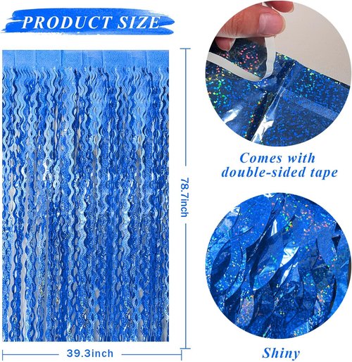 Blue Backdrop - Wavy Tinsel Foil Fringe Curtains by [Brand Name] | Sparkling Metallic Birthday Party Decor