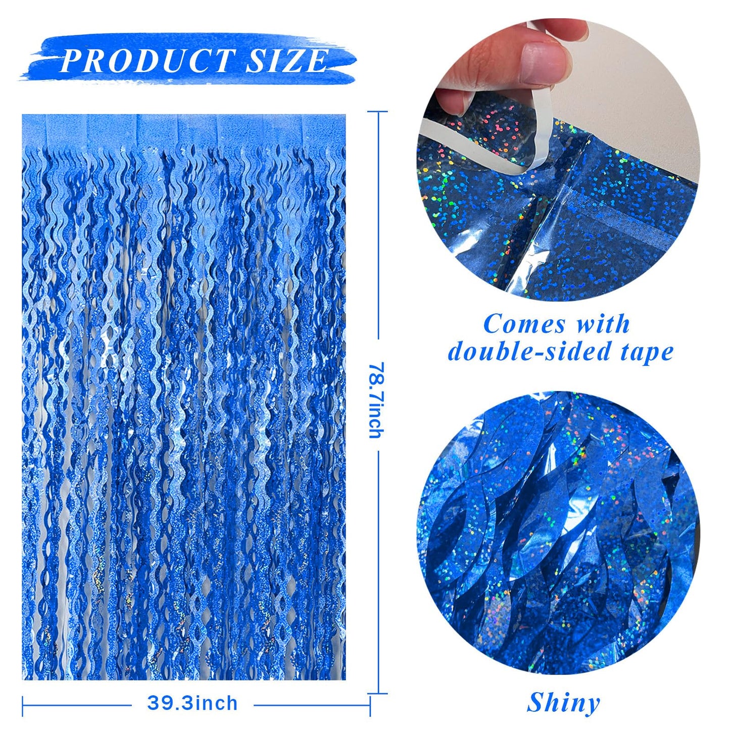 Blue Backdrop Wavy Tinsel Foil Fringe Curtains for Parties Sparkle Metallic Wavy Blue Birthday Decorations for Streamers Party Decorations Photo Booth Props Birthday Ocean Party Decor Supplies