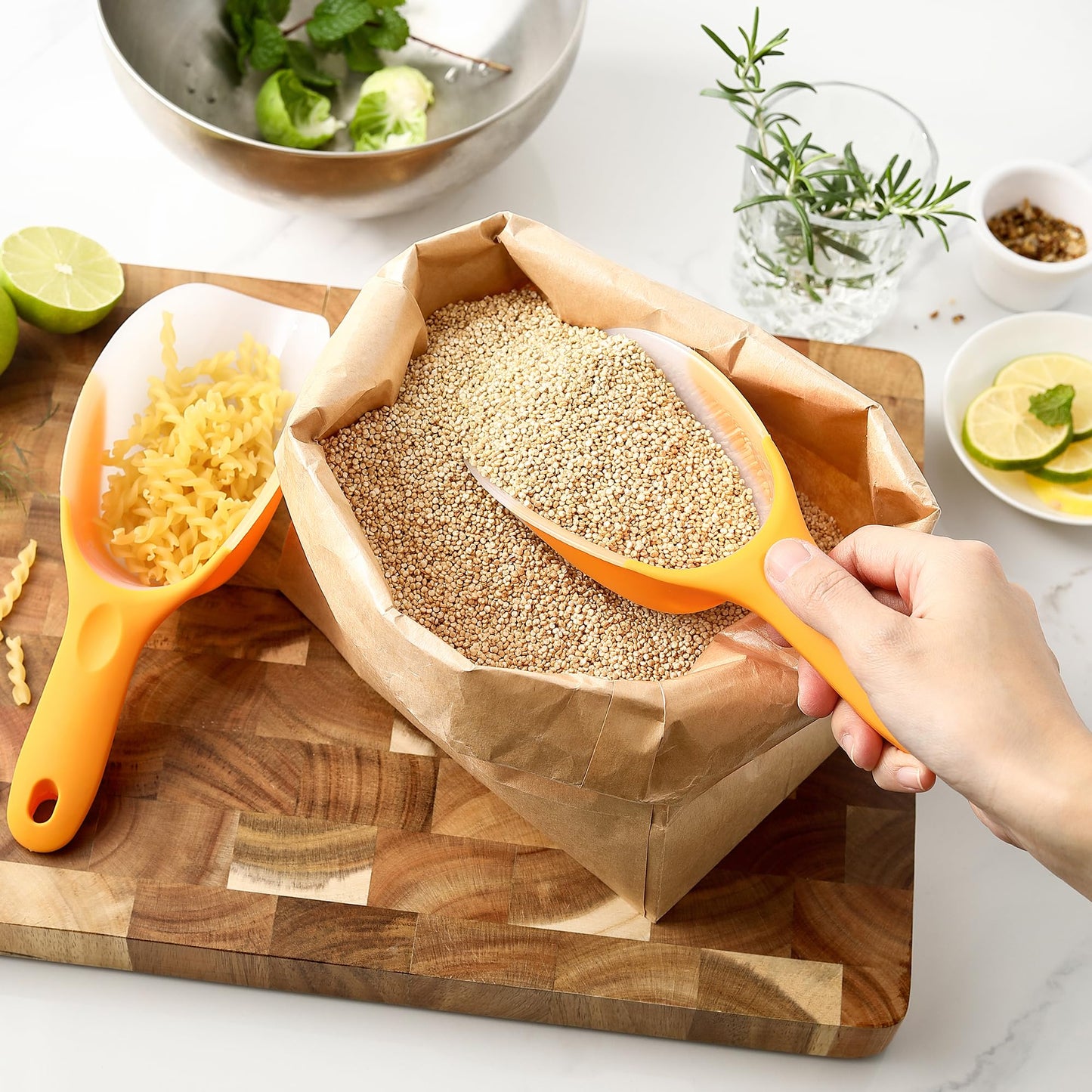 Spring Chef Magnetic Ice Scoop for Freezer Bin - Contoured Translucent Plastic Scoop with Soft Grip Handle - Kitchen Scoopers for Food, Ice Machine, Pet Food, Flour - Popcorn Scooper - 2 Pack - Mango