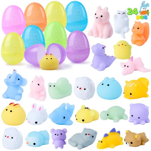 JOYIN 24 Pcs Easter Prefilled Eggs with Mochi Squishy Toys, Fruit Stress Reliever Squishy Toy for Easter Egg Hunt, Kids Party Favor, Fruit Themed Mochi Filler Basket Stuffers, Classroom Prize Supplies