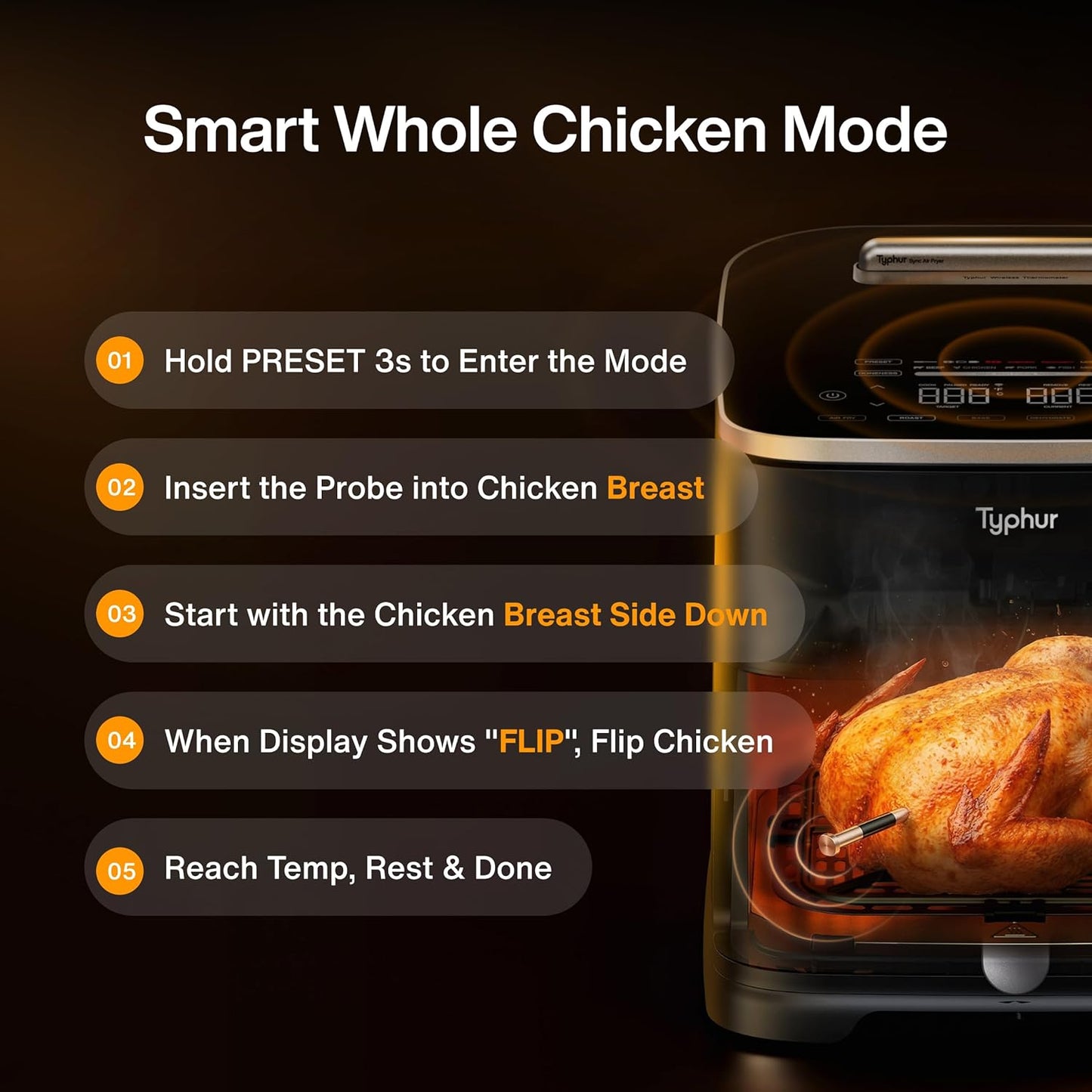 Typhur Sync 8QT AI Smart Air Fryer - 9-in-1 Non-Toxic Ceramic with Wireless Meat Thermometer | Cooks 6lb Chicken