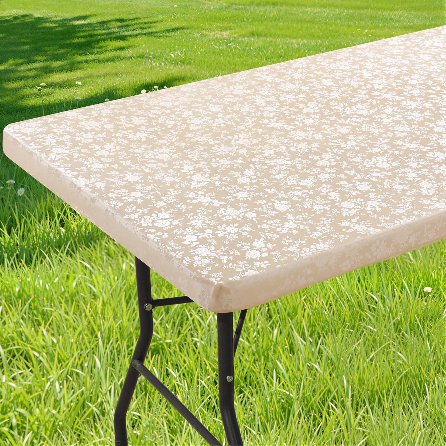 Smiry Rectangle Picnic Table Cloth, Elastic Waterproof Fitted Heavy Duty Vinyl Tablecloths, Wipeable Washable Table Covers for Kitchen, Dining, Camping, Outdoor (Beige, 30" X 72")