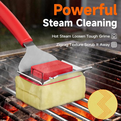 Bristle Free Grill Brush - Safe Steam BBQ Cleaner with Scraper | Replaceable Head for Cast Iron, Stainless Steel, Porcelain Grates - Red