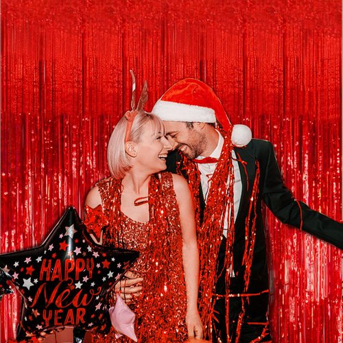 5 Pack Foil Curtain Backdrop Red Metallic Tinsel Foil Fringe Curtains Photo Booth Props for Birthday Wedding Engagement Baby Shower Bachelorette Christmas Holiday Celebration Party Decorations