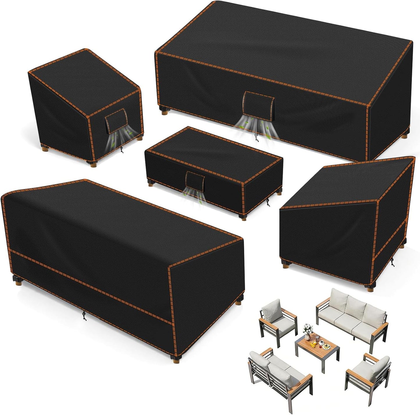 SUNICO 5-Piece Outdoor Patio Furniture Covers Set - Waterproof, UV Fade Protection, Tear-Resistant, Black