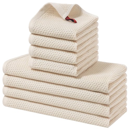 Homaxy 100% Cotton Kitchen Towels and Dishcloths Set, 12 x 12 Inches and 13 x 28 Inches, Set of 8 Bulk Kitchen Towels Set, Ultra Soft Absorbent Dish Cloths for Washing Dishes, Beige