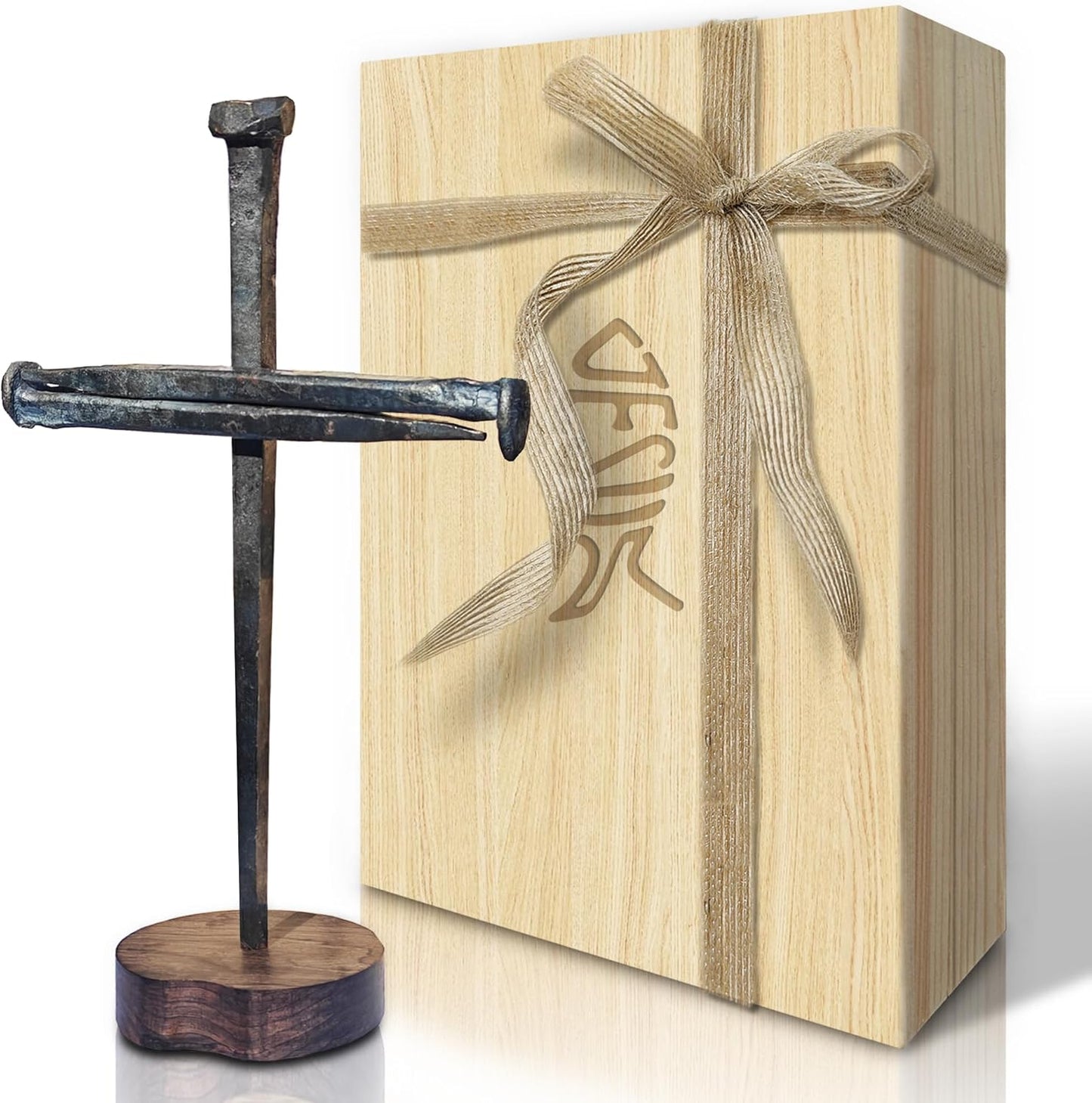 LeMeeOly Metal Cross with Wooden Base - Jesus Christ Crucifixion | Perfect Religious Gift for Mom & Home Decor