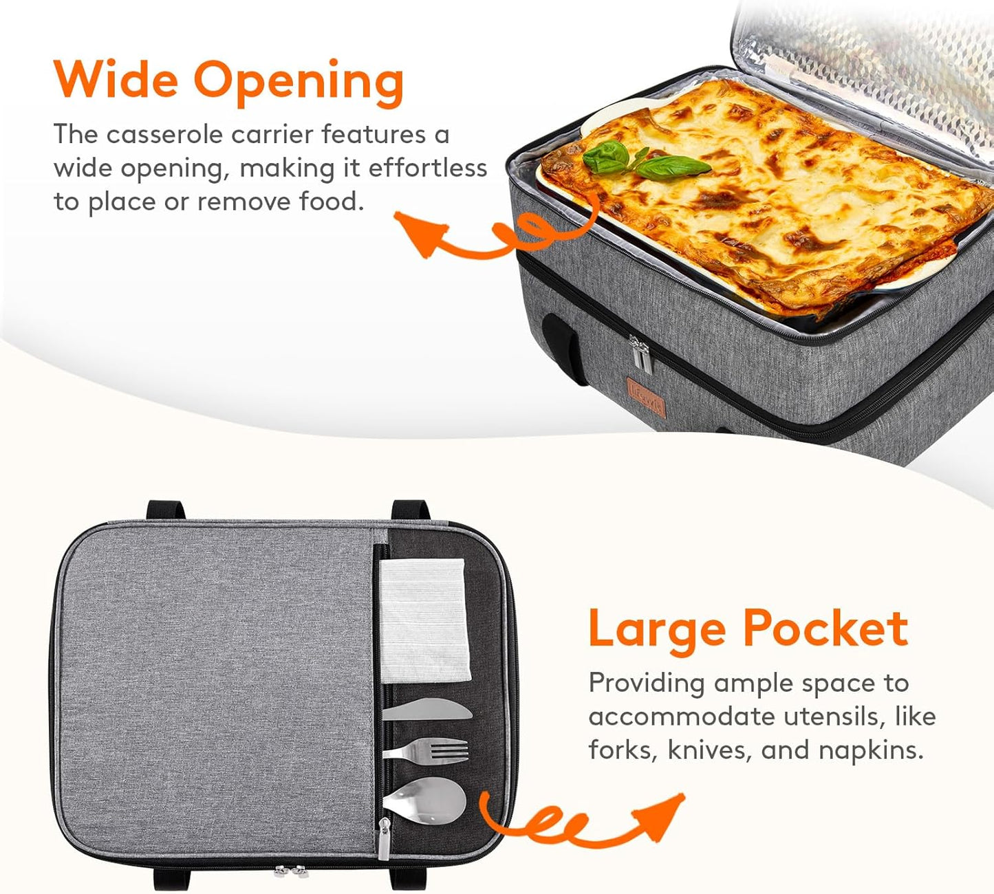 Lifewit Insulated Casserole Carrier - Double Decker Design for Hot or Cold Food | Fits 9"x13" Dish, Grey